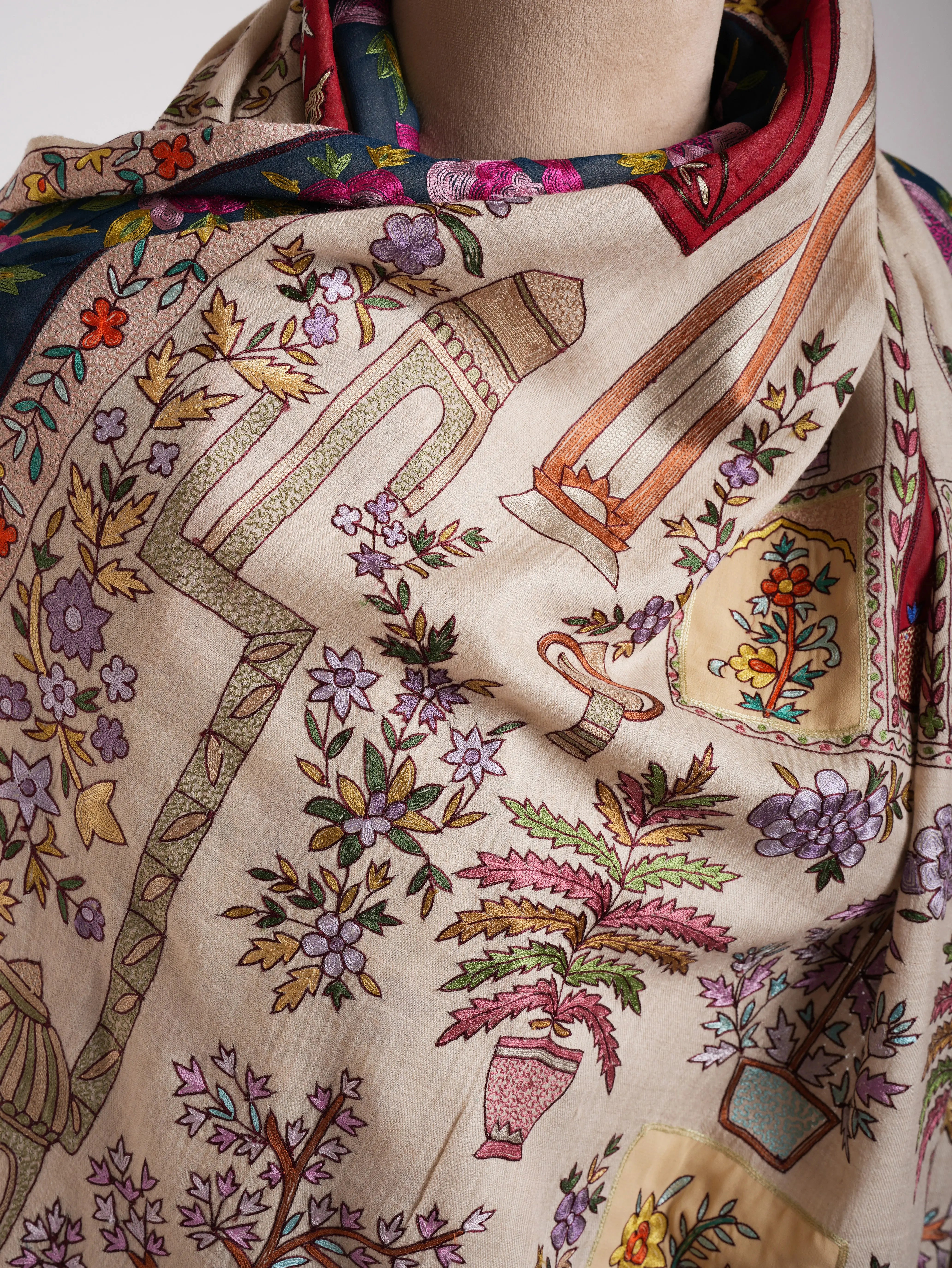 Ivory Hand Embroidered Indian Pashmina Shawl Shahkaar