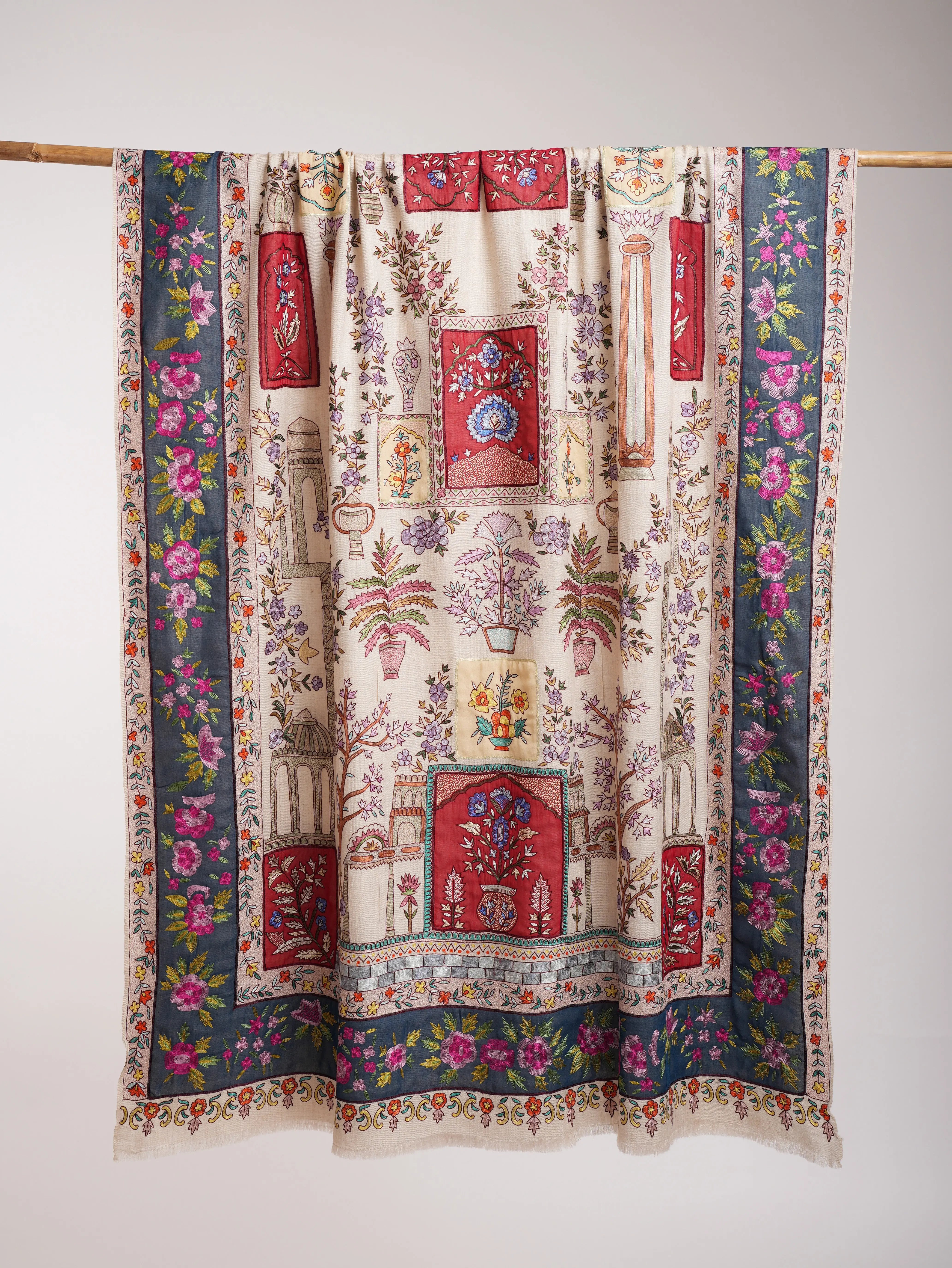 Ivory Hand Embroidered Indian Pashmina Shawl Shahkaar