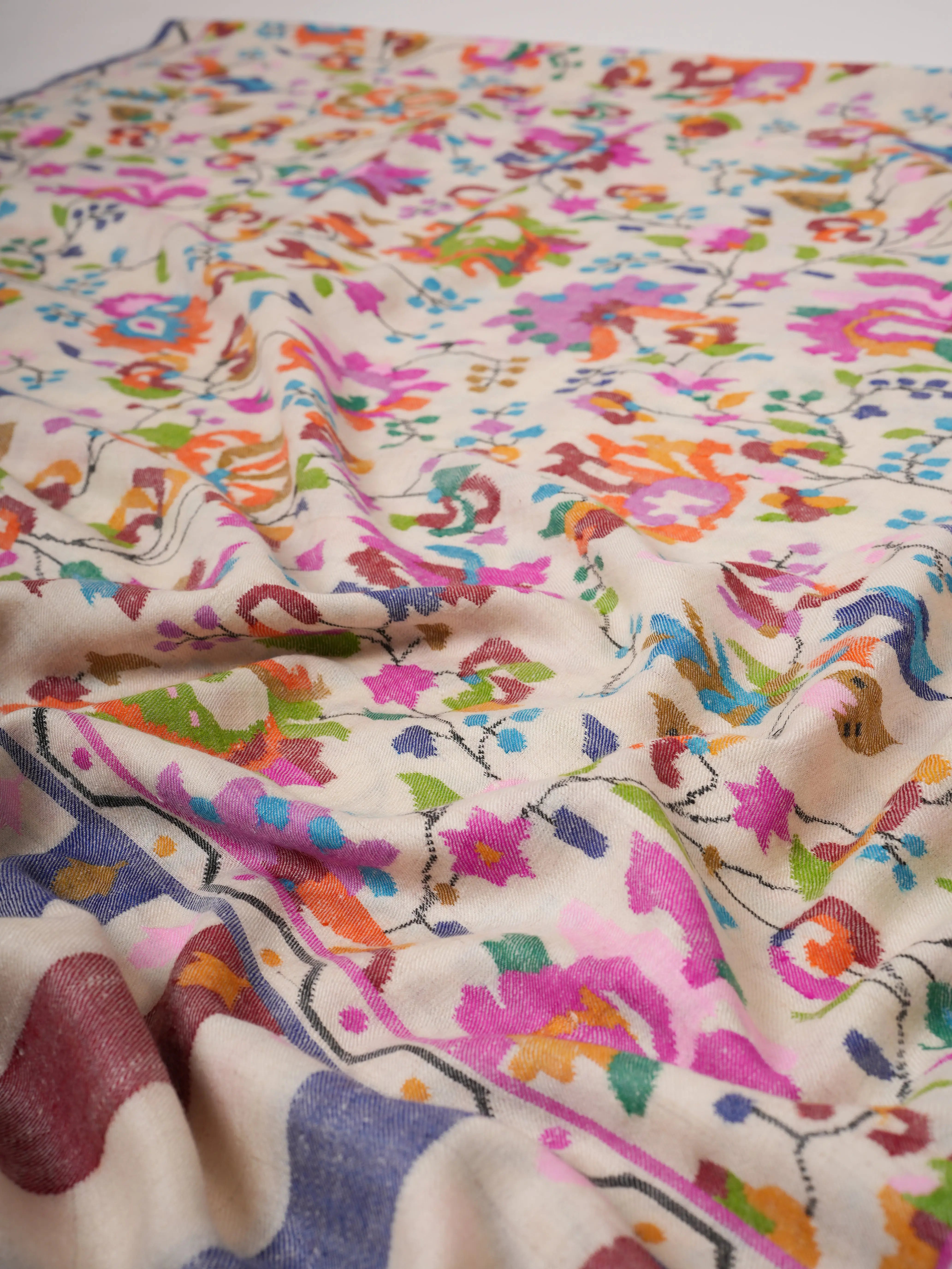 Ivory Handloomed Kani Pashmina Shawl with Fresh Floral Motifs Shahkaar