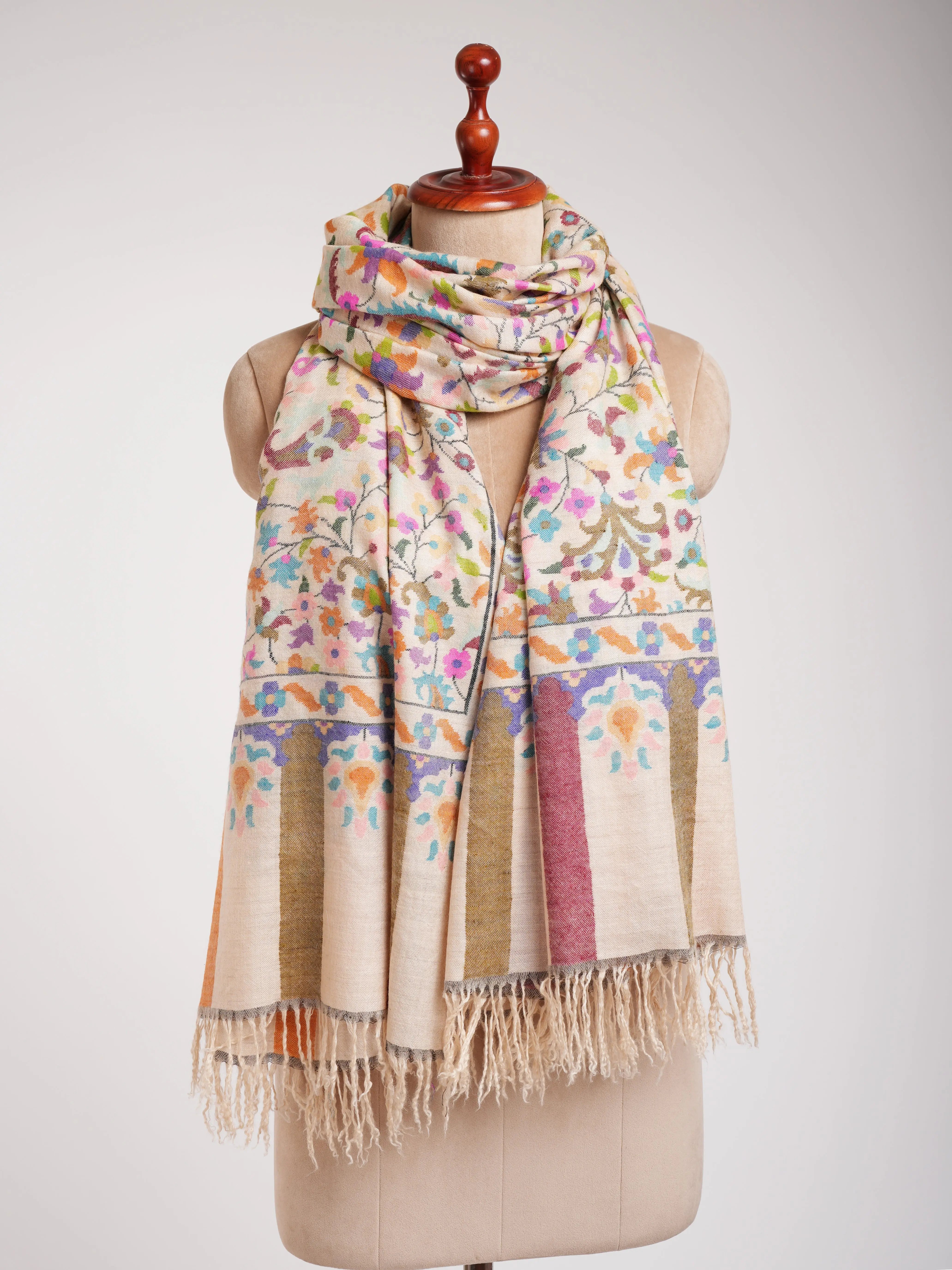 Ivory Handwoven Kashmiri Kani Shawl Shahkaar