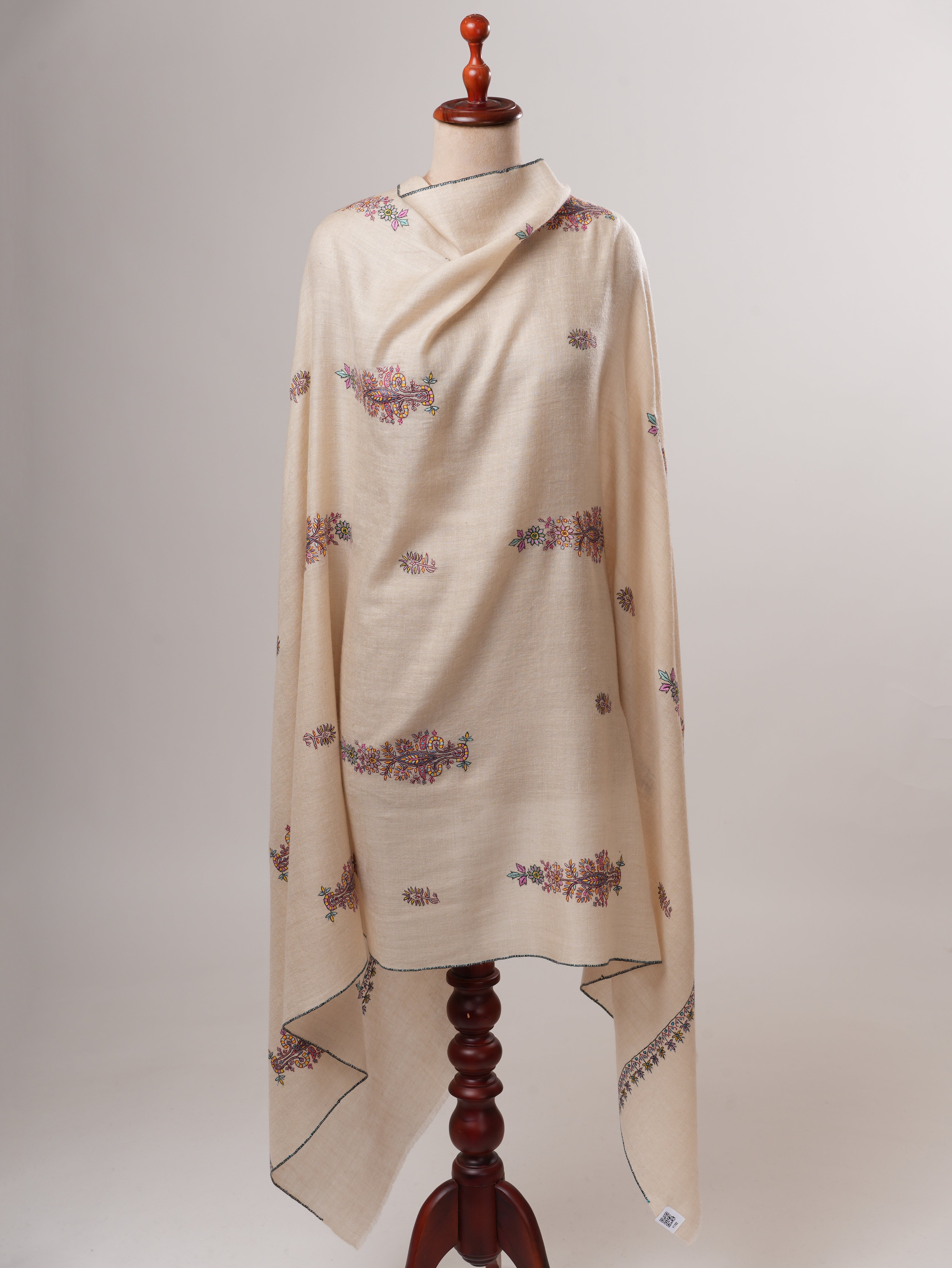 Ivory Handwoven Shahkaar Pashmina Shawl with Buteh Embroidery Shahkaar