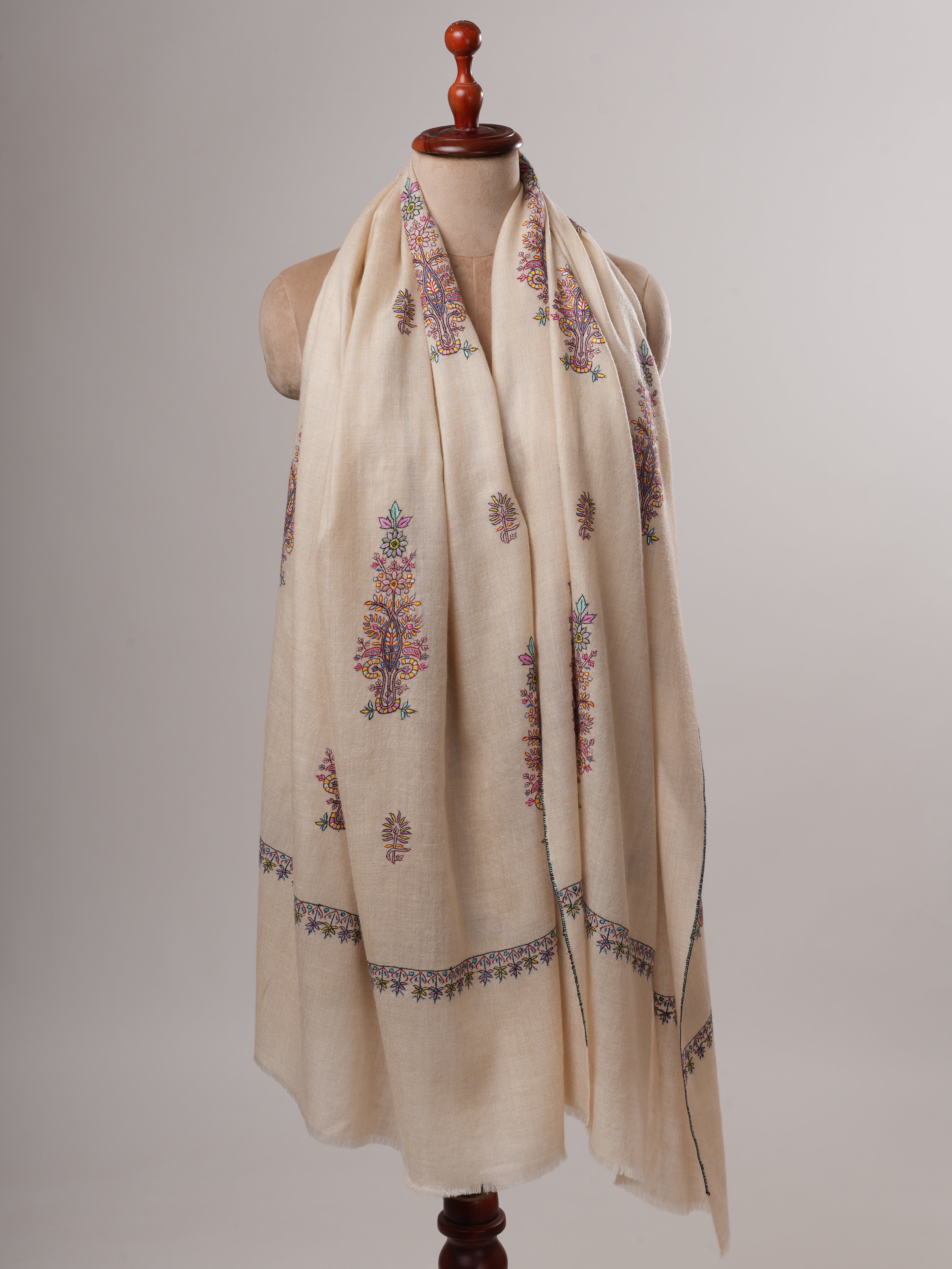 Ivory Handwoven Shahkaar Pashmina Shawl with Buteh Embroidery Shahkaar