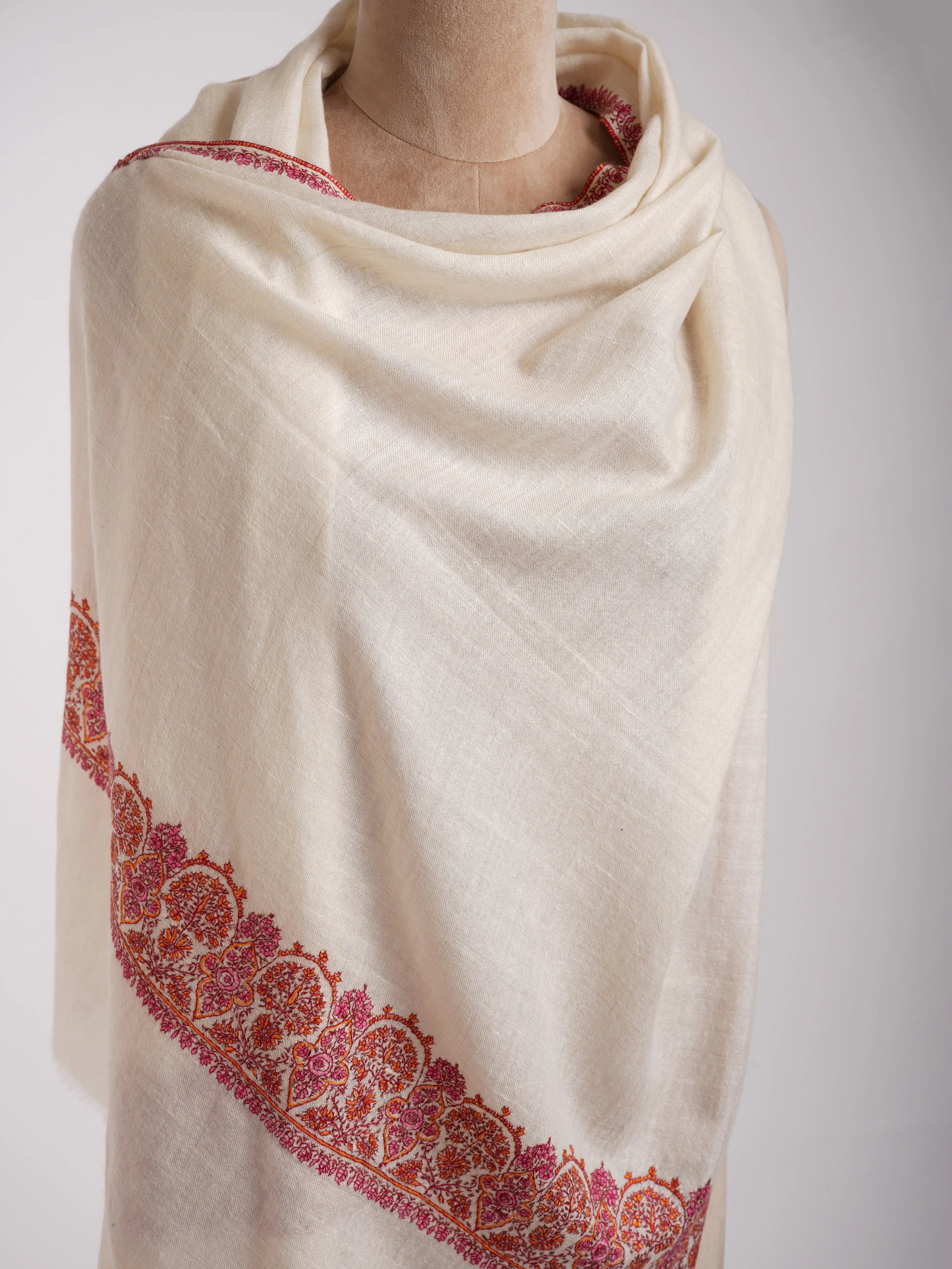 Ivory Indian Cashmere Stole with Sozni Embroidery Shahkaar