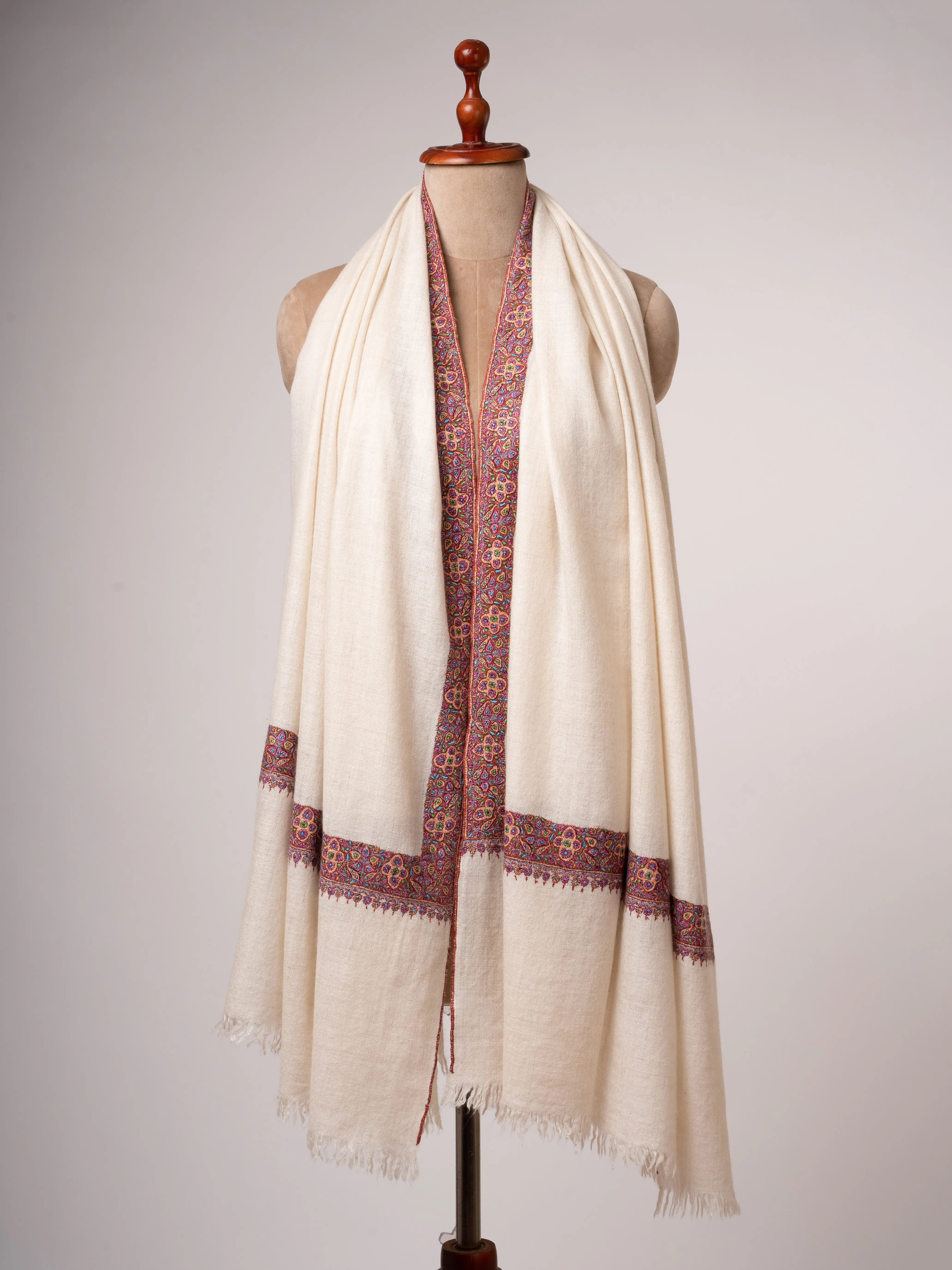 Ivory Neem Daur Pashmina Shawl Handspun Handloomed & Embroidered Shahkaar