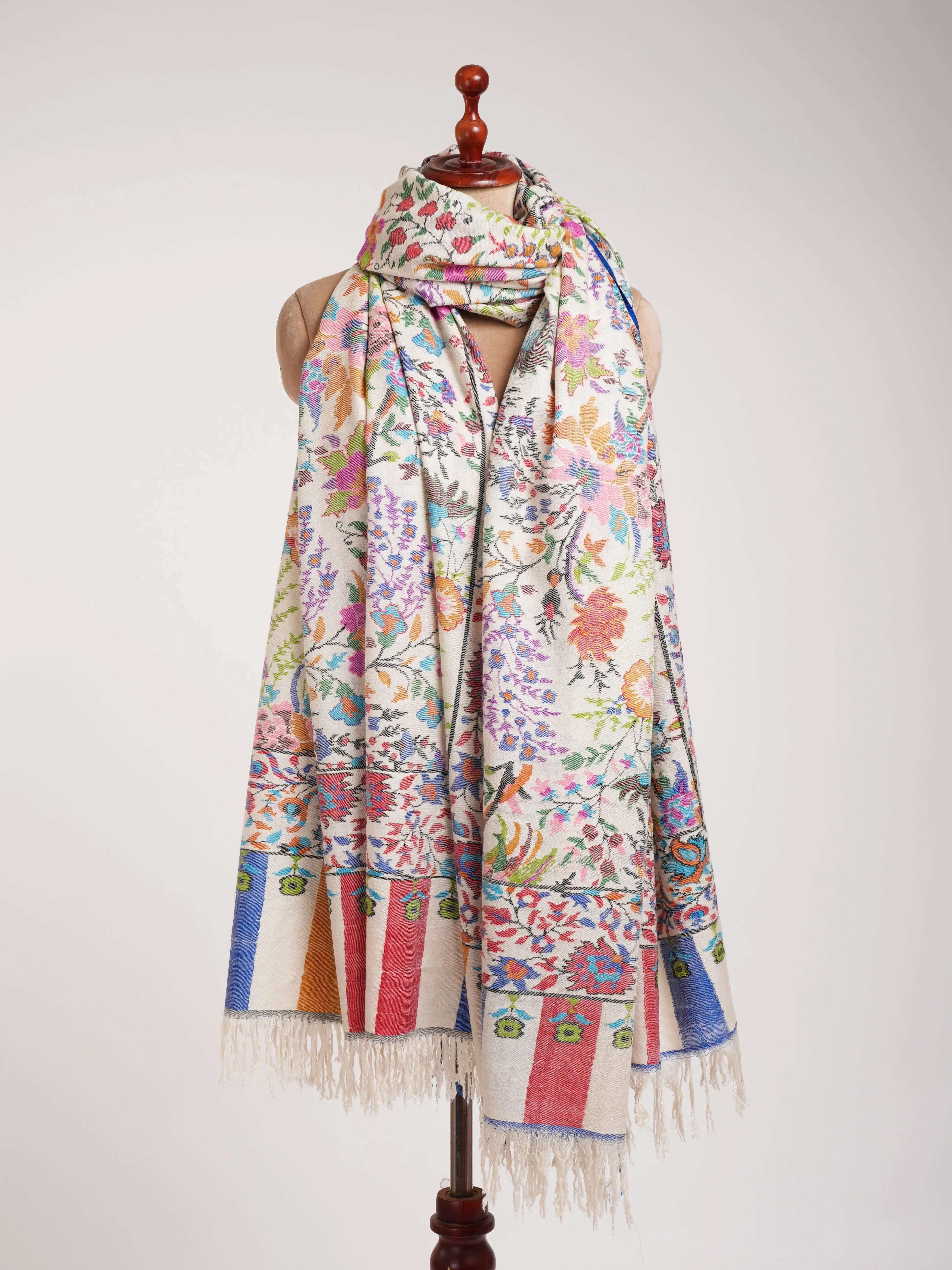 Ivory Oversized Handwoven Kani Shawl with Floral Motifs Shahkaar