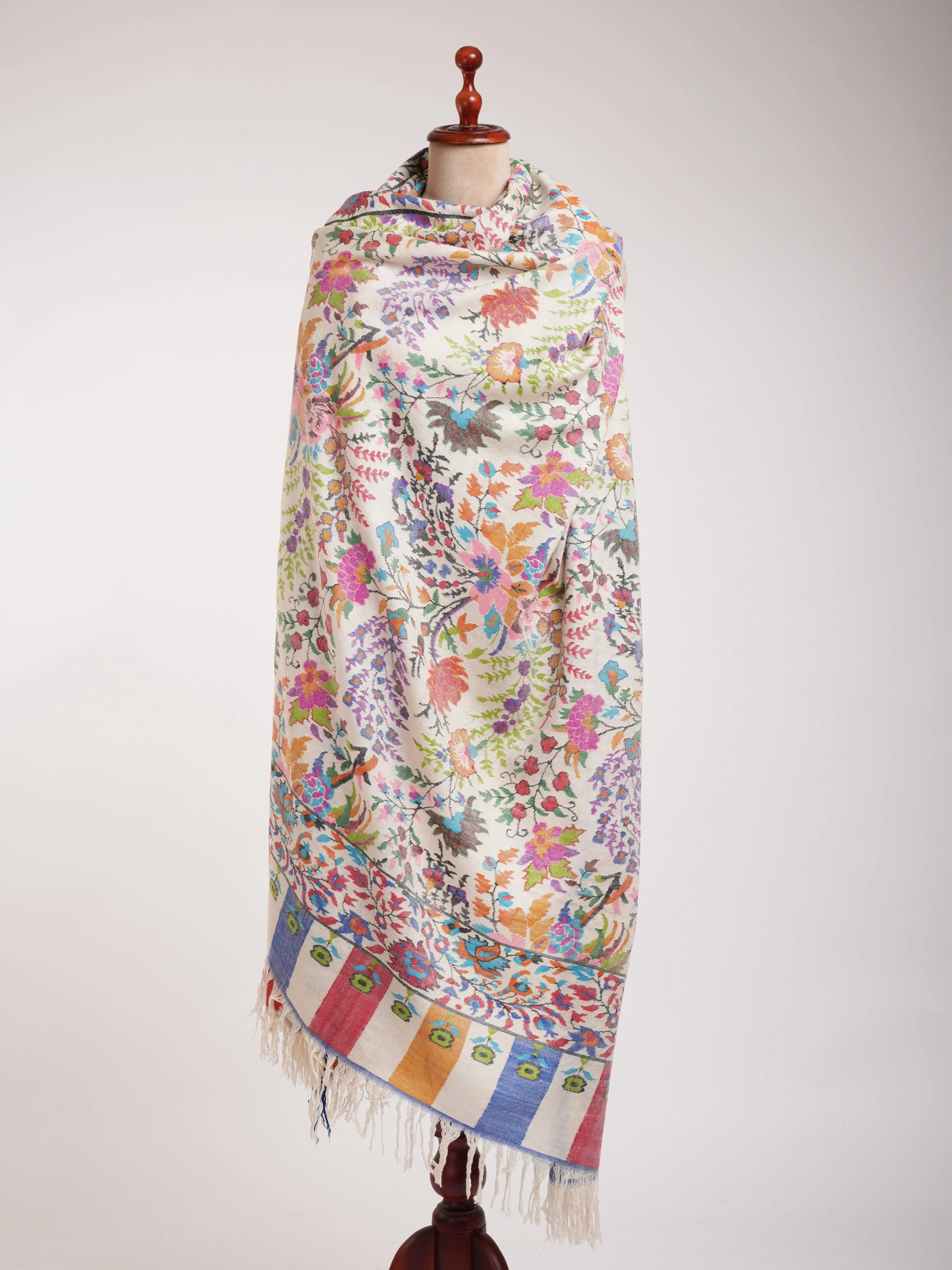 Ivory Oversized Handwoven Kani Shawl with Floral Motifs Shahkaar
