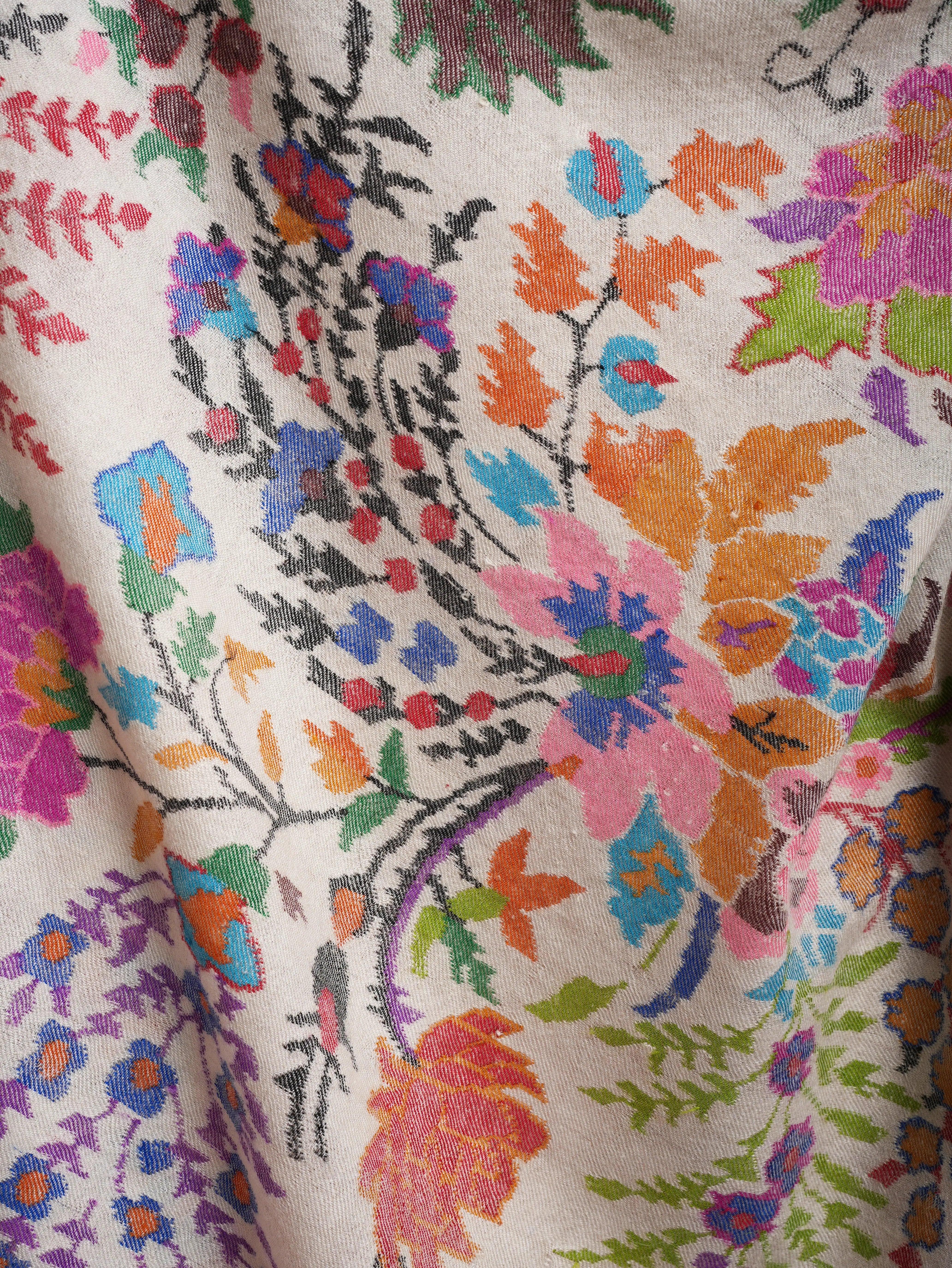 Ivory Oversized Handwoven Kani Shawl with Floral Motifs Shahkaar
