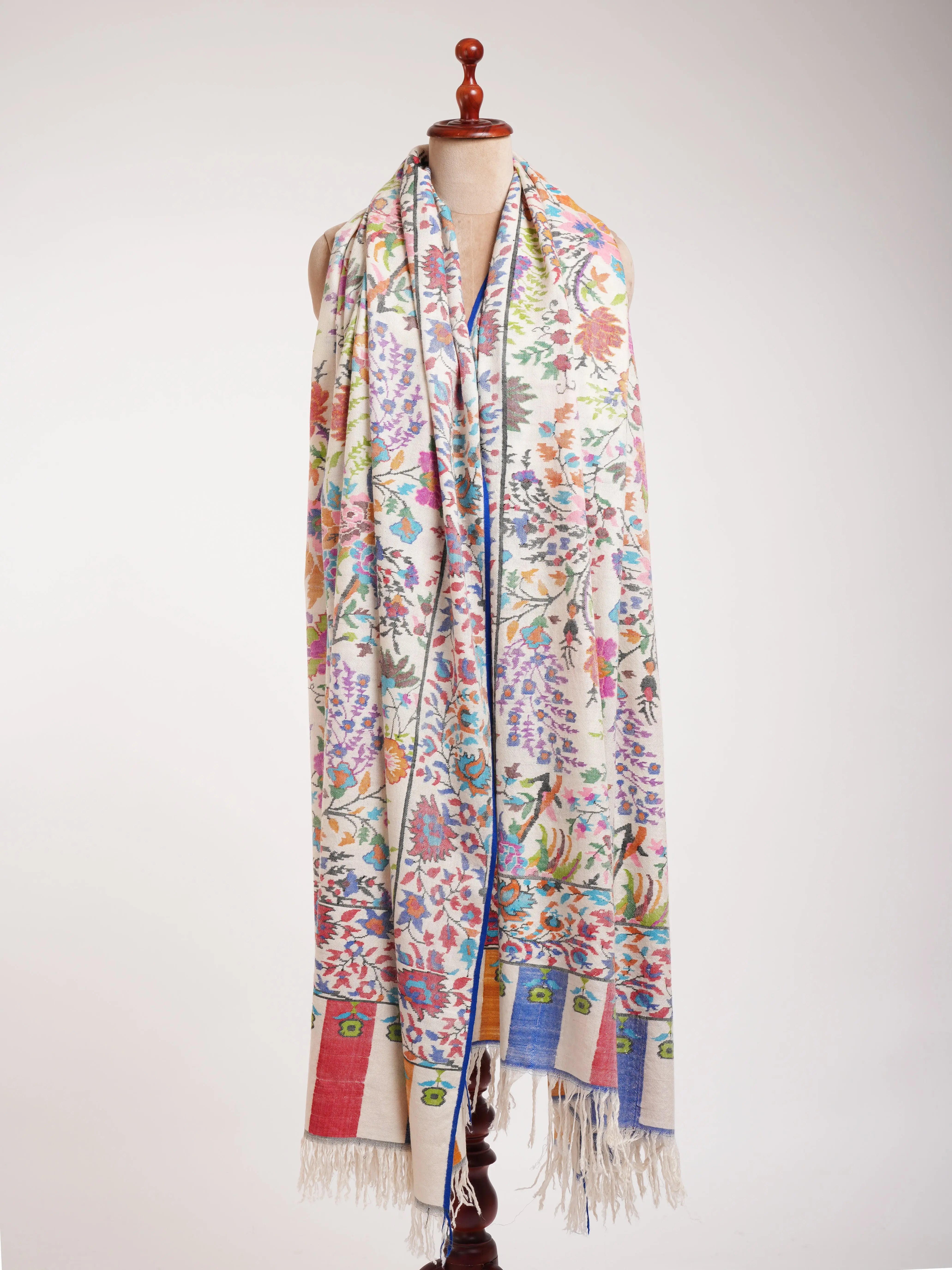 Ivory Oversized Handwoven Kani Shawl with Floral Motifs Shahkaar