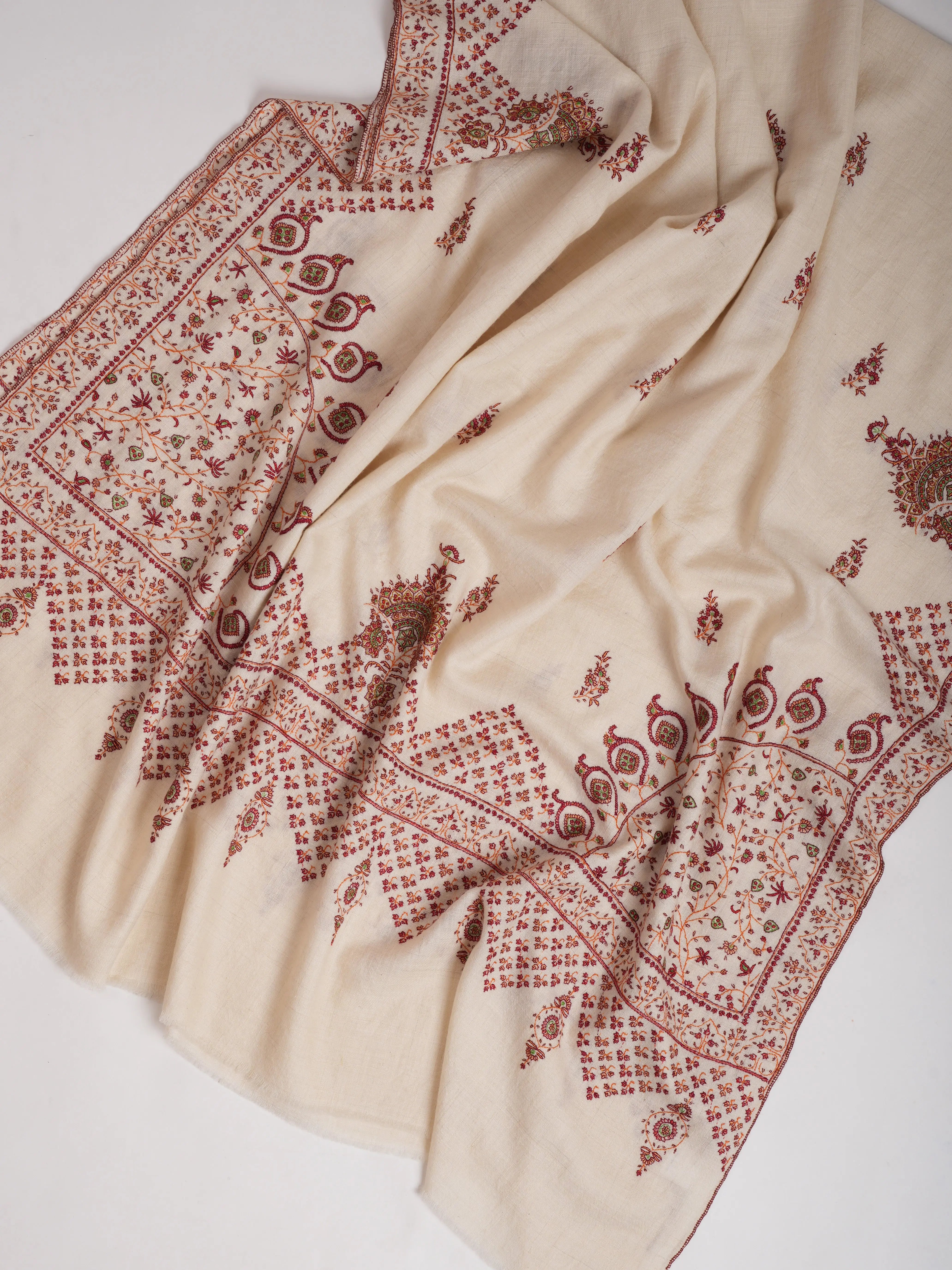 Ivory Pashmina Shawl with Jali Daur Sozni Embroidery Shahkaar