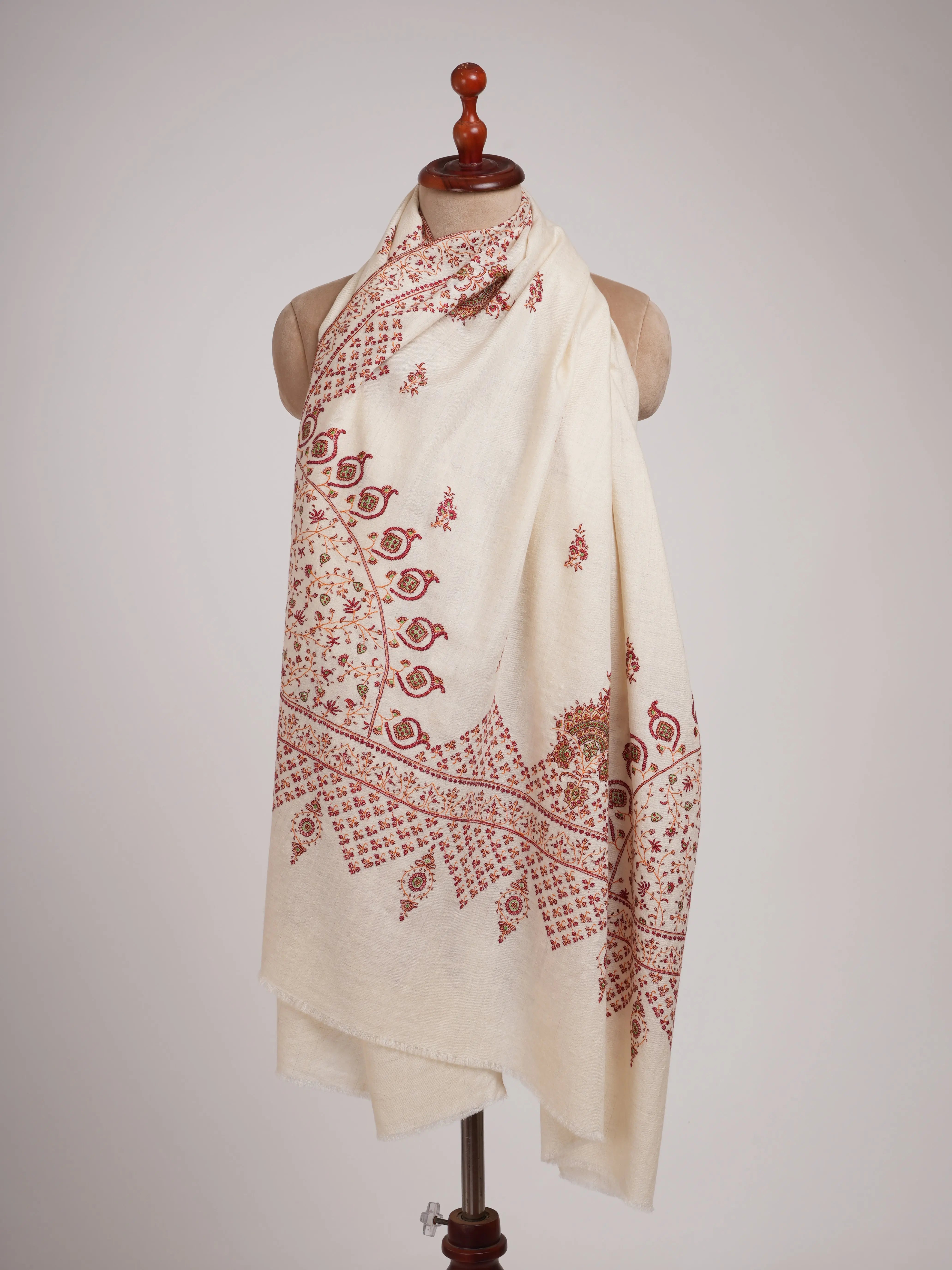 Ivory Pashmina Shawl with Jali Daur Sozni Embroidery Shahkaar