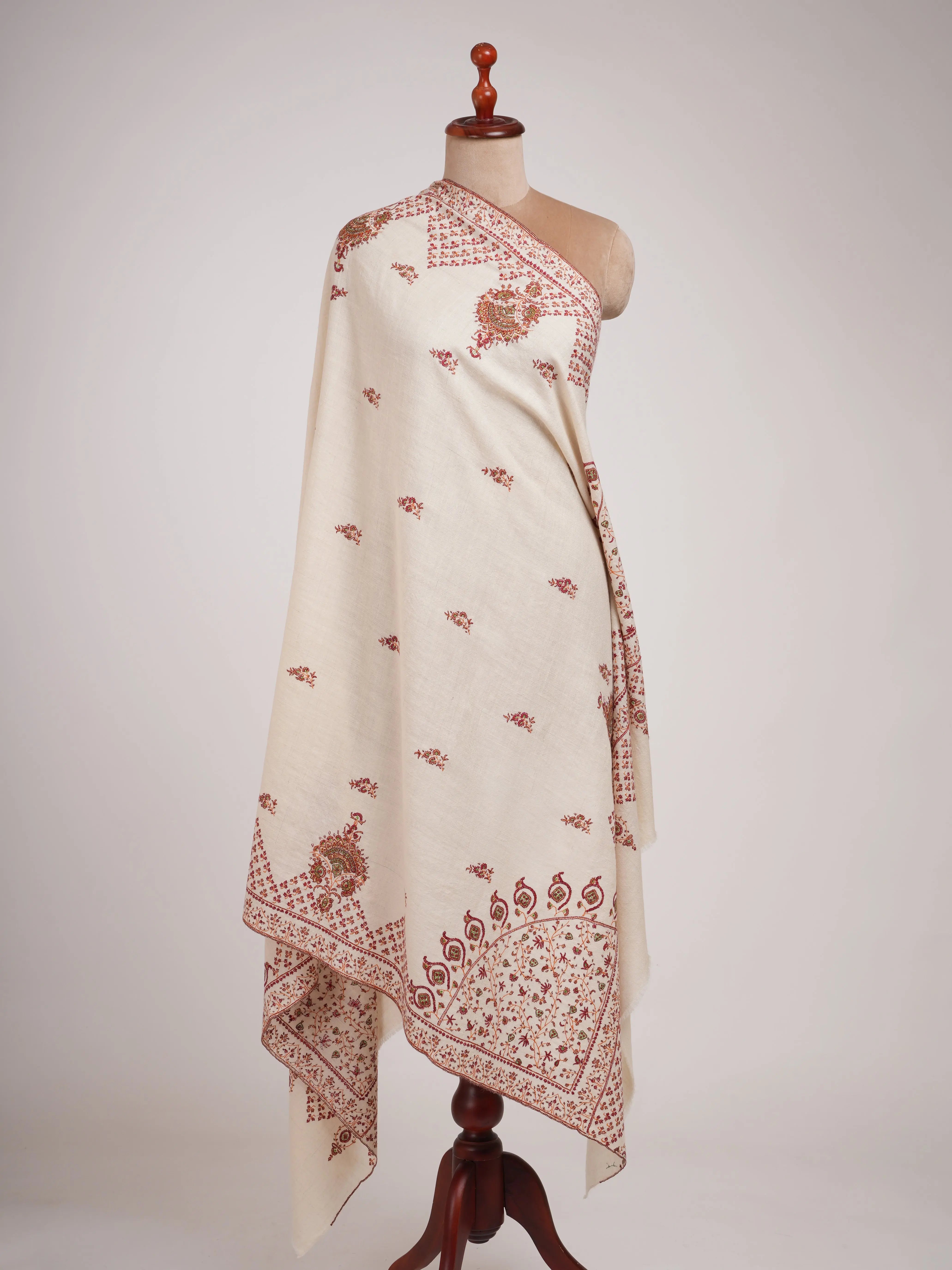 Ivory Pashmina Shawl with Jali Daur Sozni Embroidery Shahkaar
