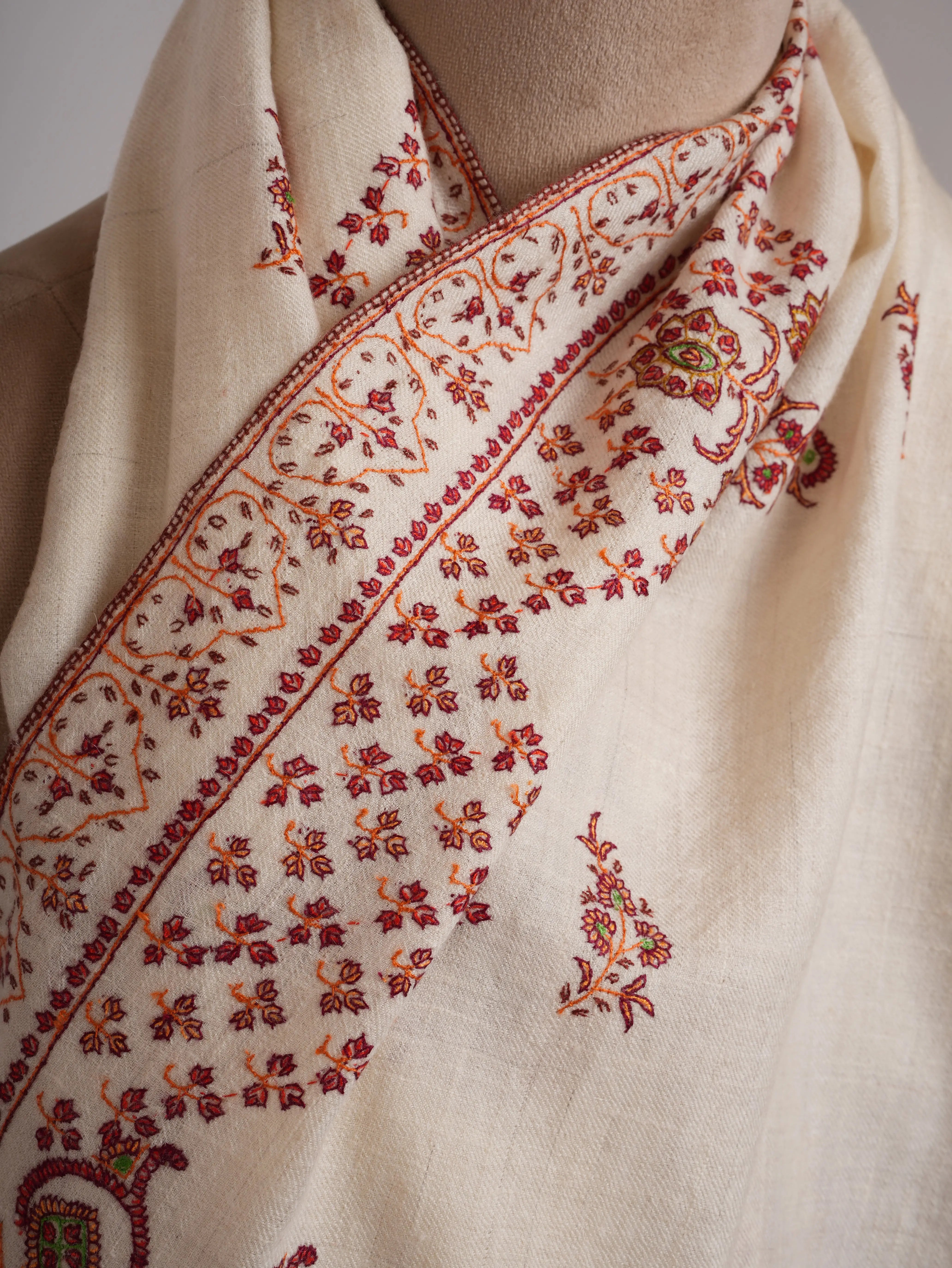 Ivory Pashmina Shawl with Jali Daur Sozni Embroidery Shahkaar