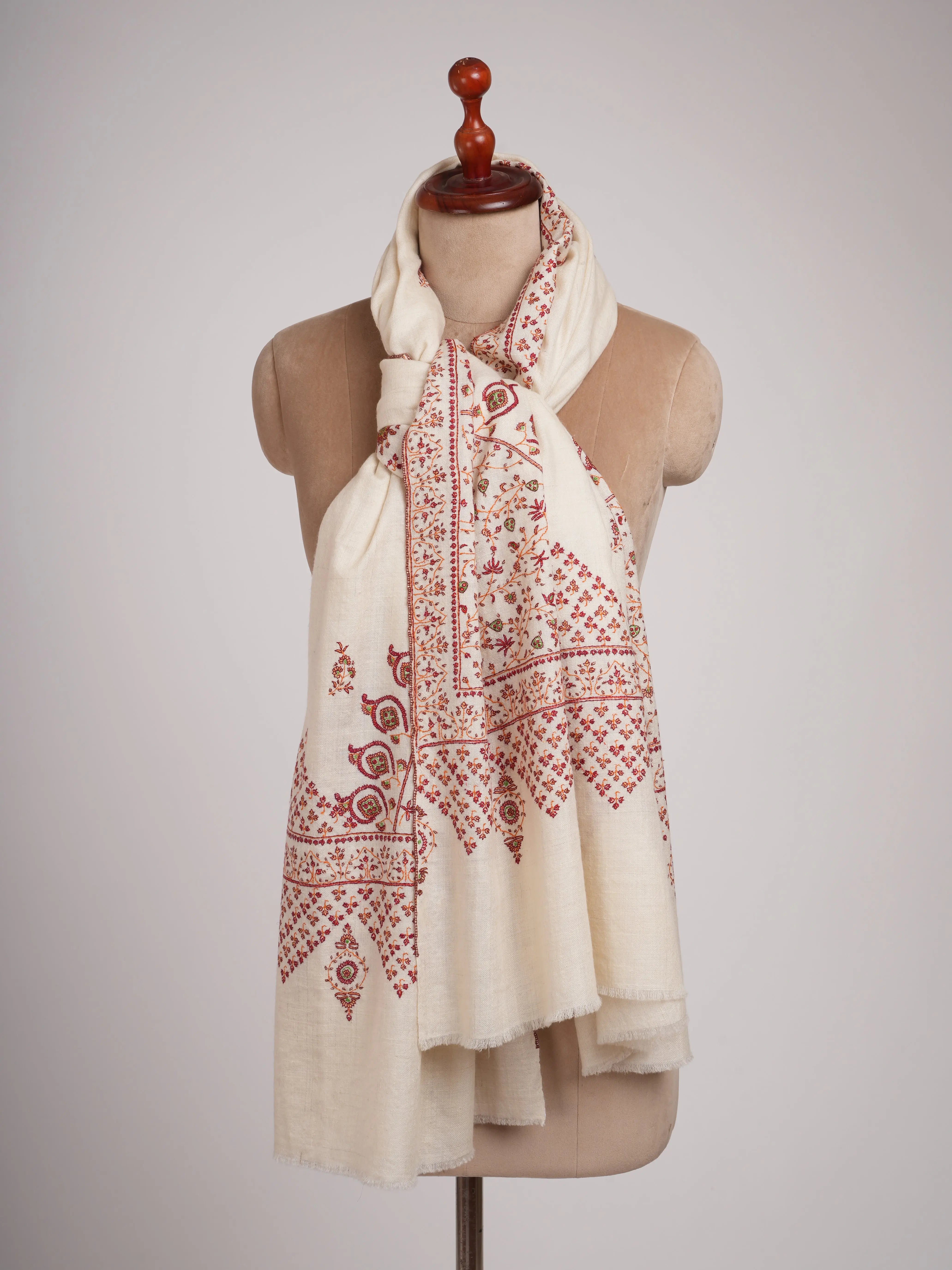 Ivory Pashmina Shawl with Jali Daur Sozni Embroidery Shahkaar