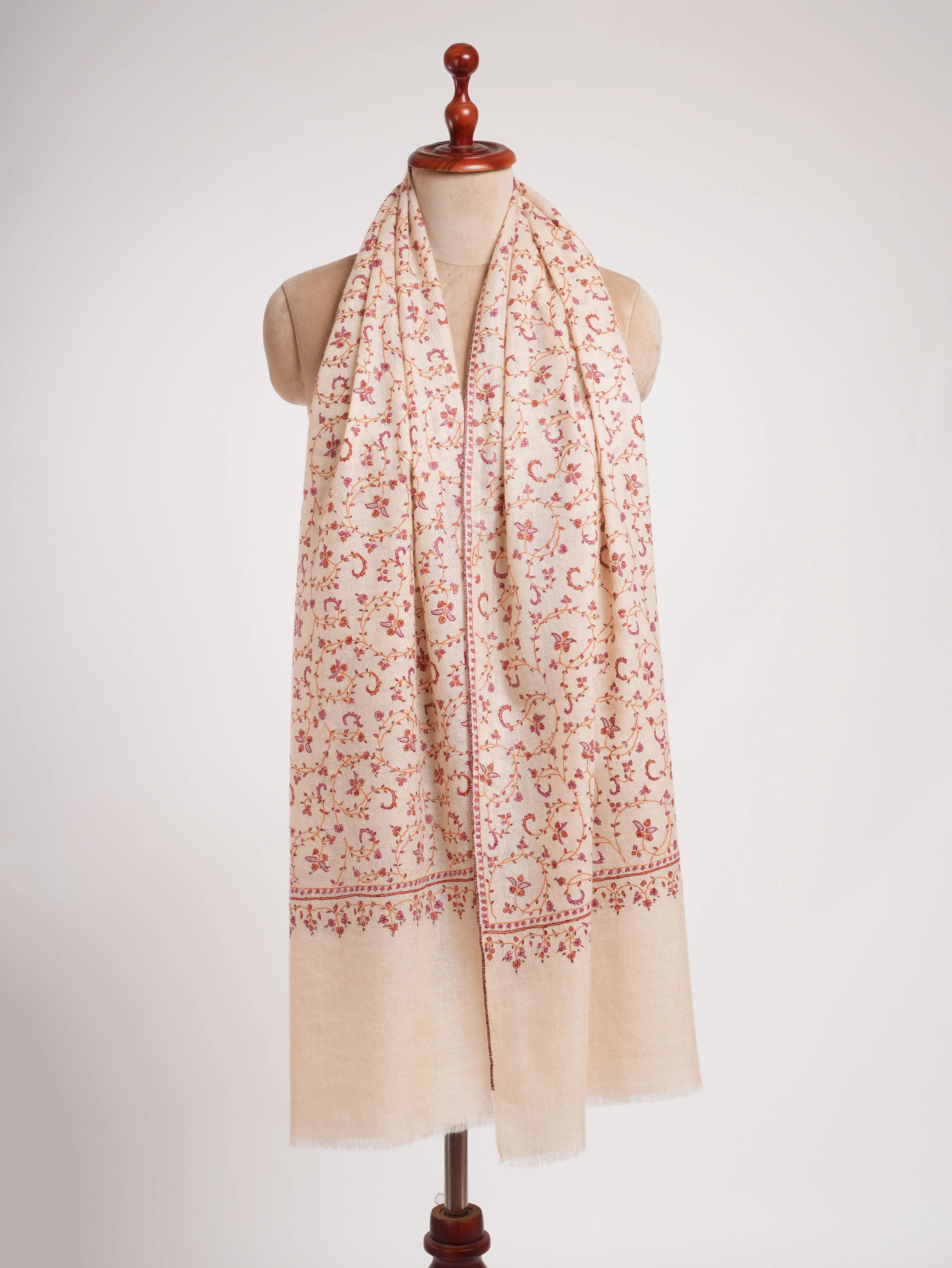 Ivory Sozni Embroidered Kashmiri Cashmere Scarf Shahkaar