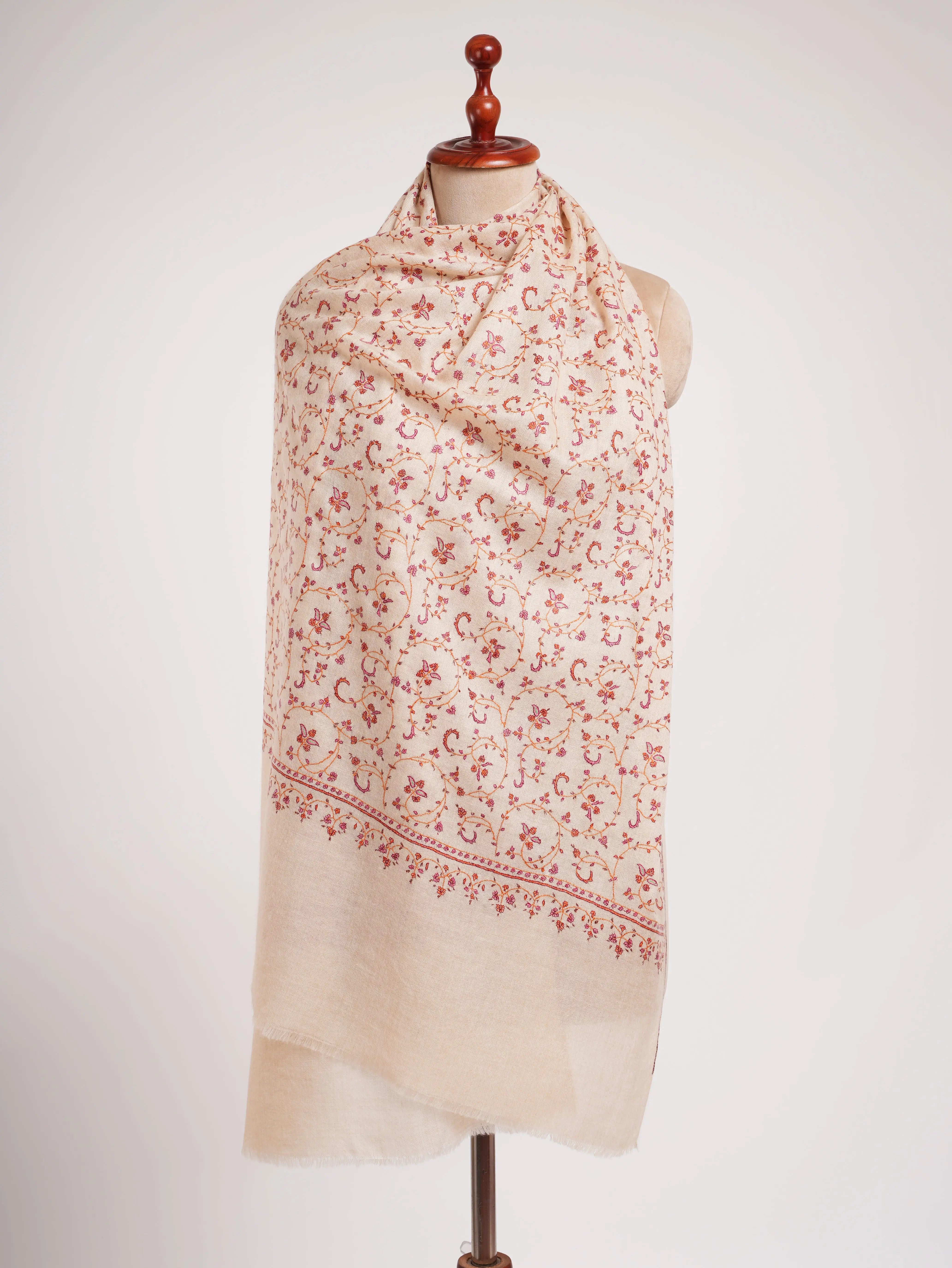 Ivory Sozni Embroidered Kashmiri Cashmere Scarf Shahkaar