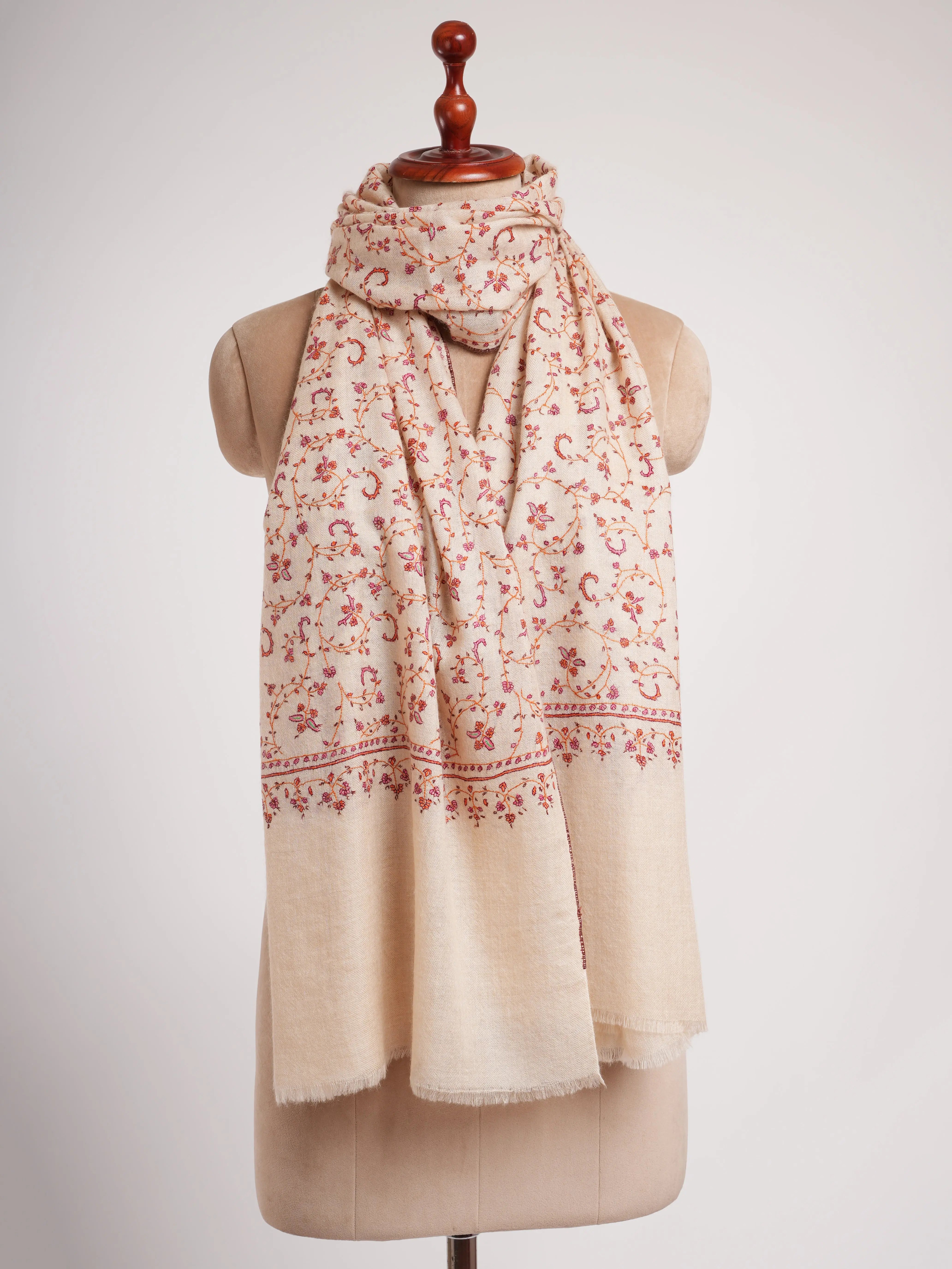 Ivory Sozni Embroidered Kashmiri Cashmere Scarf Shahkaar