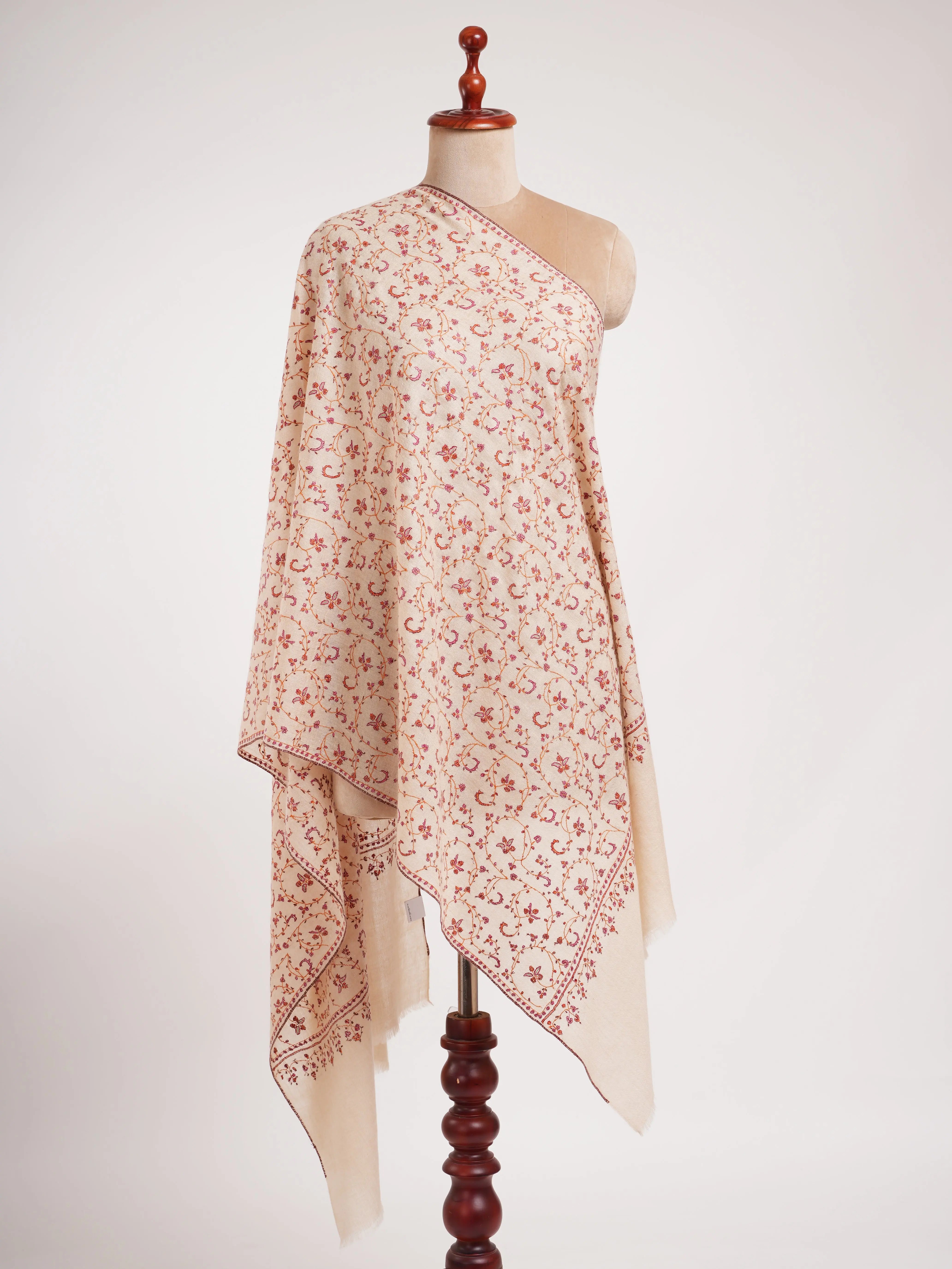 Ivory Sozni Embroidered Kashmiri Cashmere Scarf Shahkaar