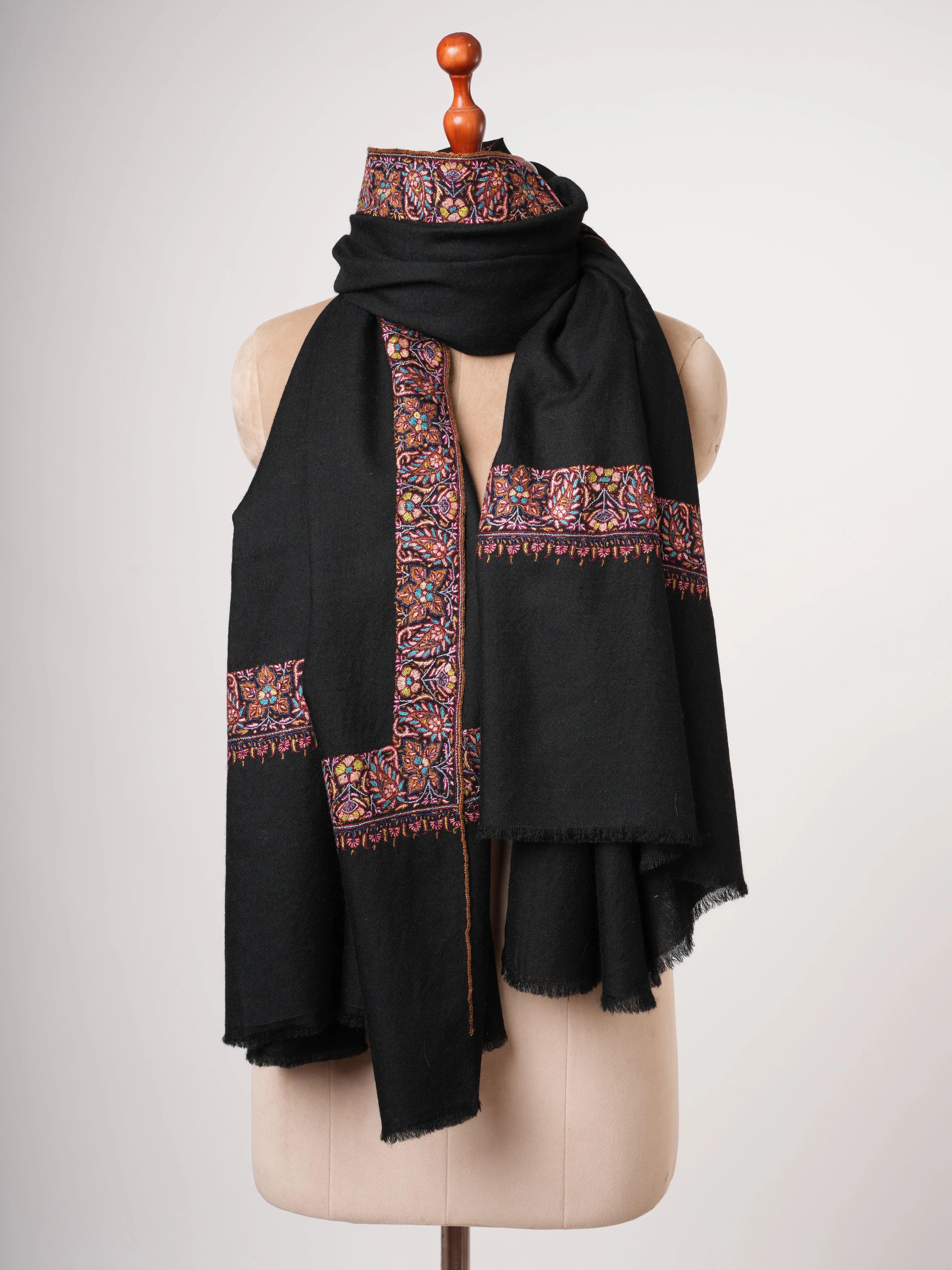 Jet Black Embroidered Luxurious Kashmiri Pashmina Shawl – Authentic Artisan Wrap Shahkaar