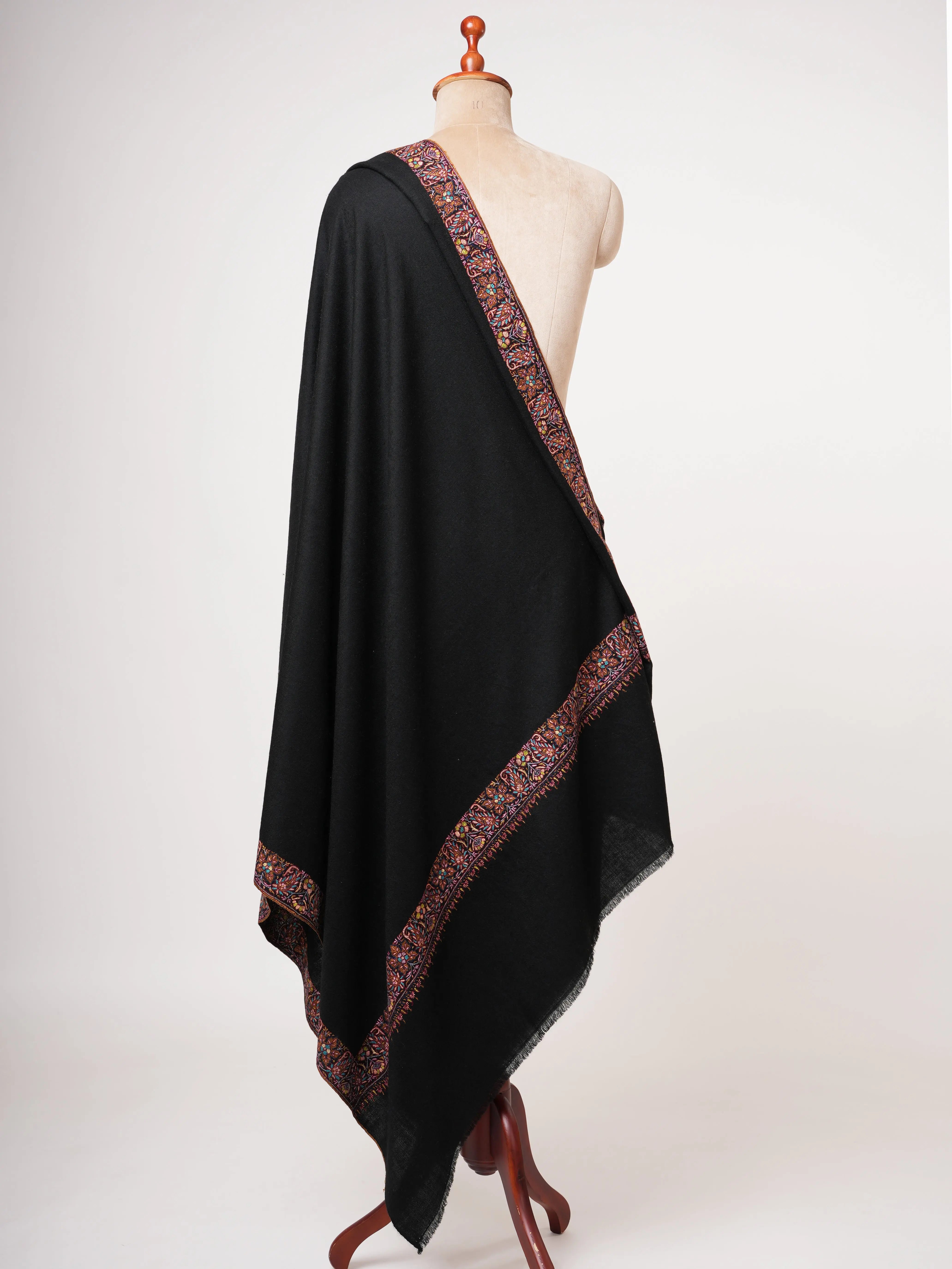 Jet Black Embroidered Luxurious Kashmiri Pashmina Shawl – Authentic Artisan Wrap Shahkaar