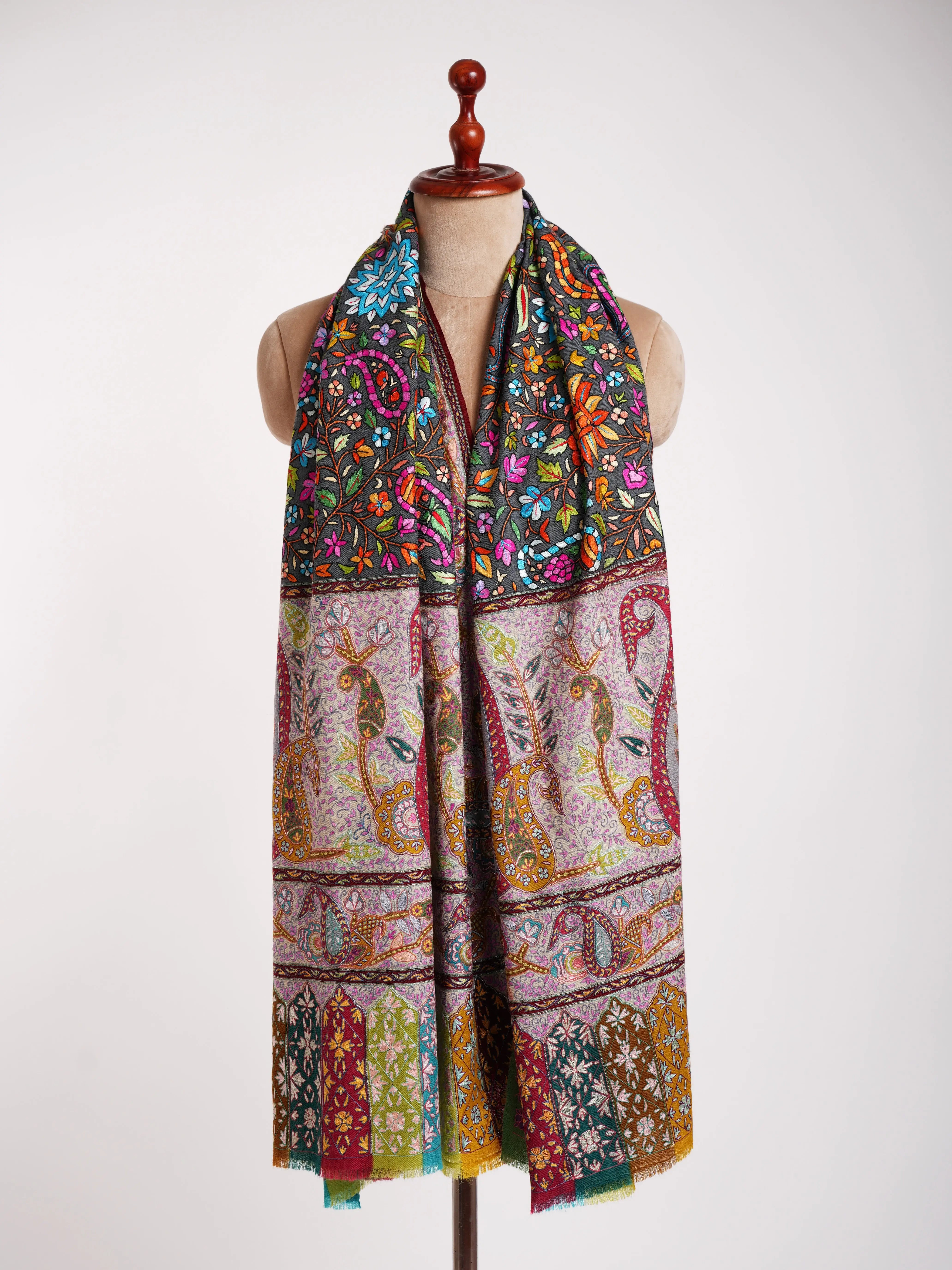 Kalamkari and Papier-mâché Fusion Pashmina Jamavar Shawl Shahkaar