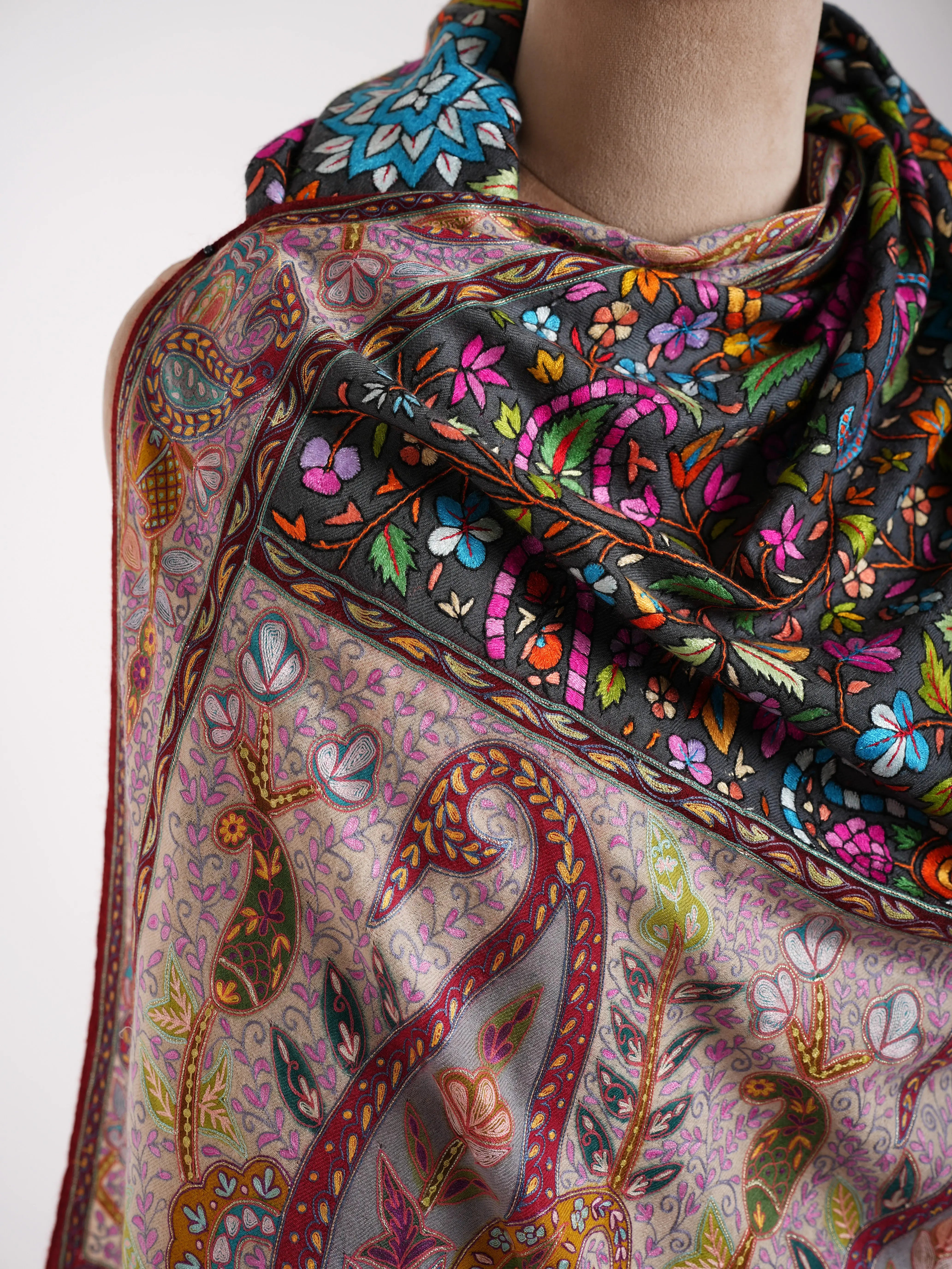 Kalamkari and Papier-mâché Fusion Pashmina Jamavar Shawl Shahkaar