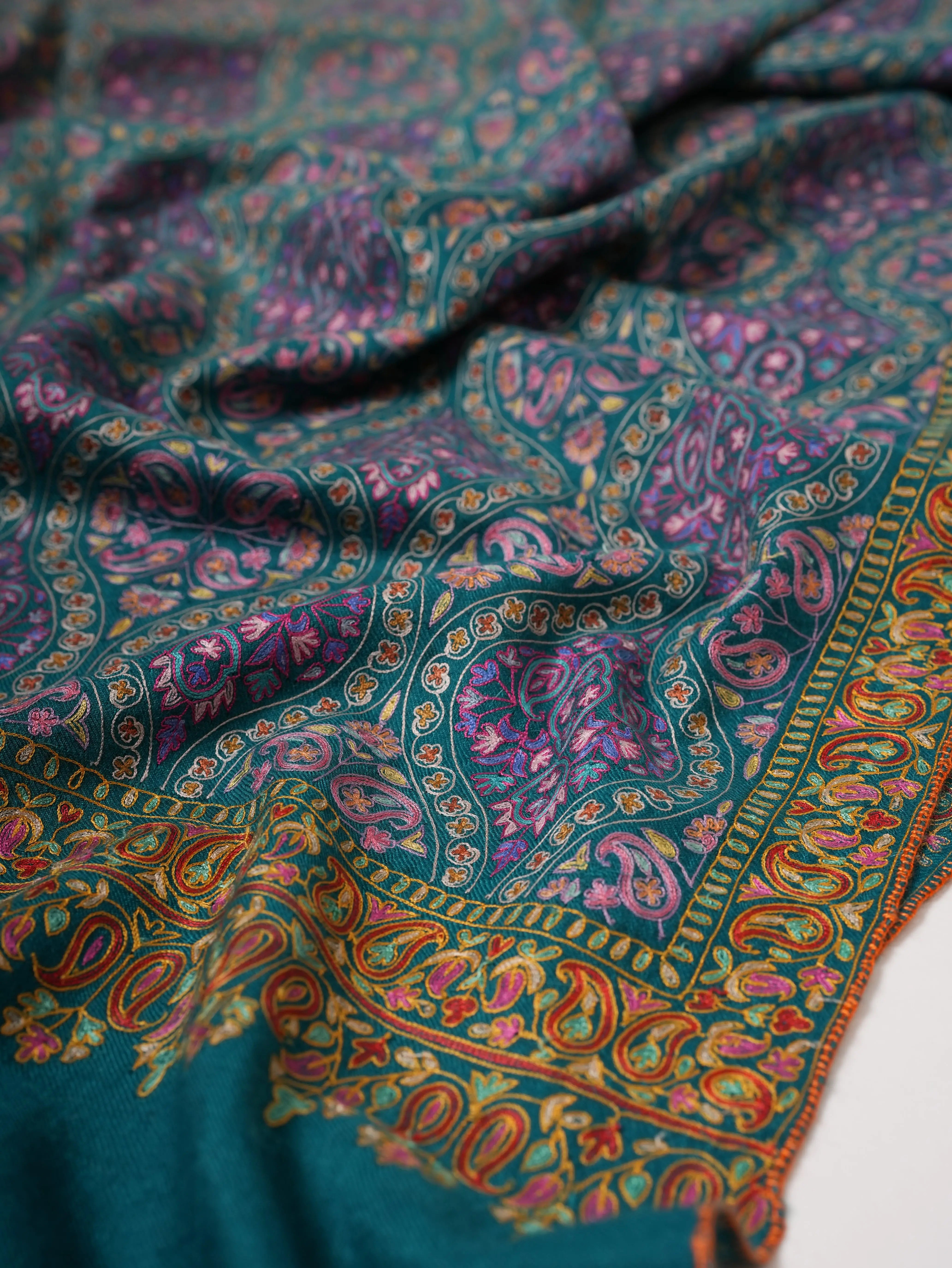 Kashmiri Pashmina Shawl in Turquoise Ombrie with Hand Hook Embroidery Shahkaar