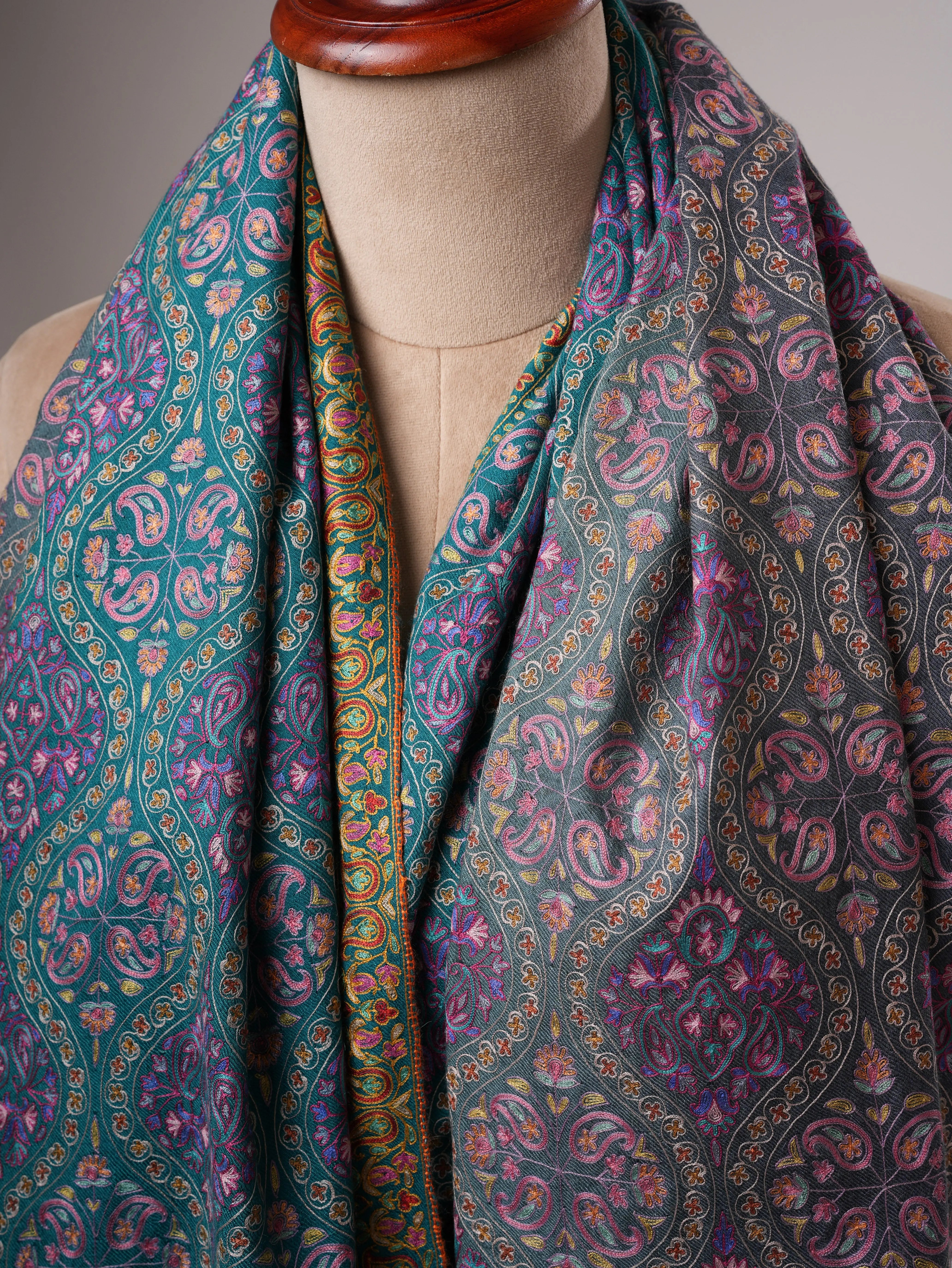 Kashmiri Pashmina Shawl in Turquoise Ombrie with Hand Hook Embroidery Shahkaar