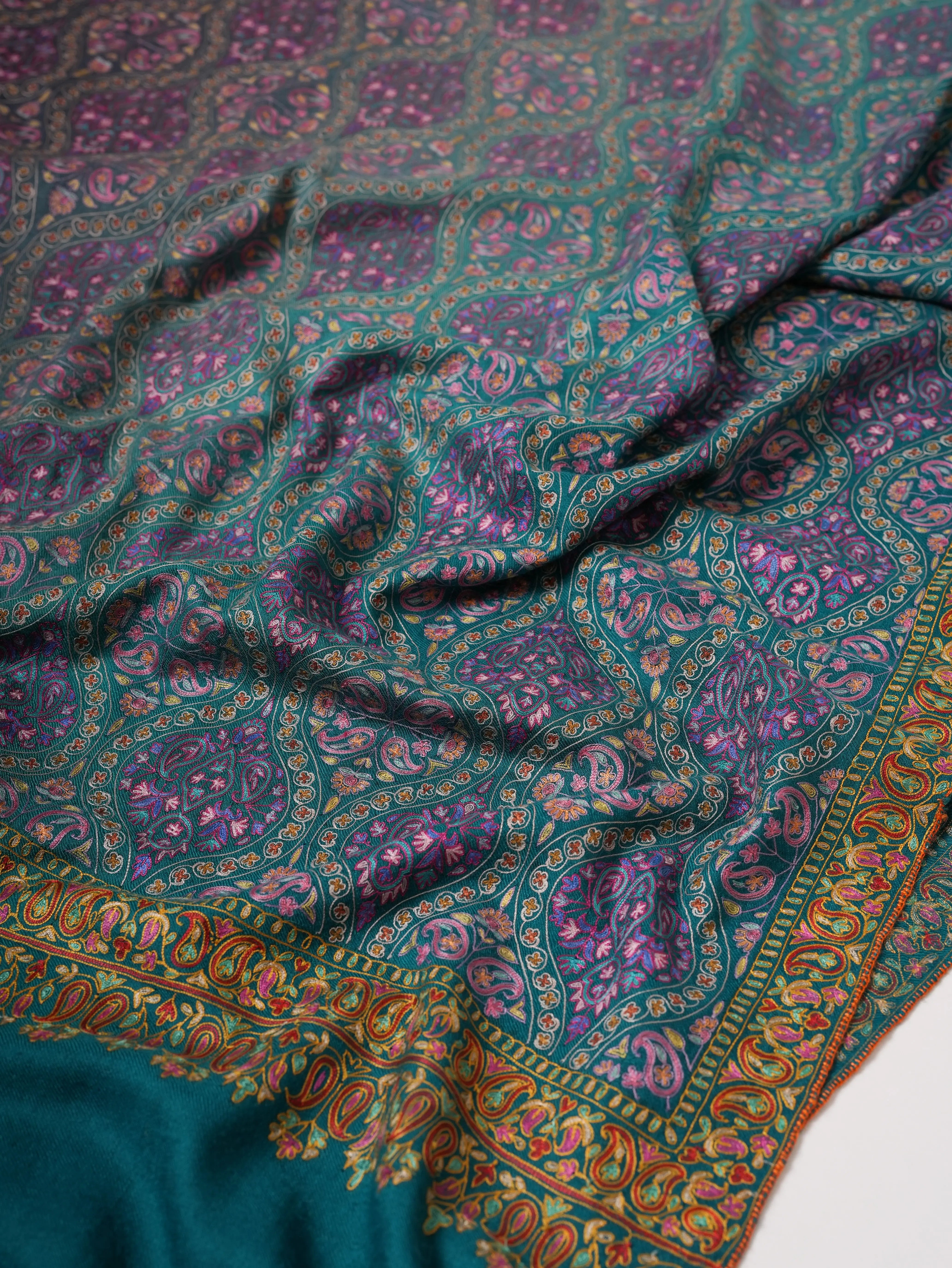 Kashmiri Pashmina Shawl in Turquoise Ombrie with Hand Hook Embroidery Shahkaar