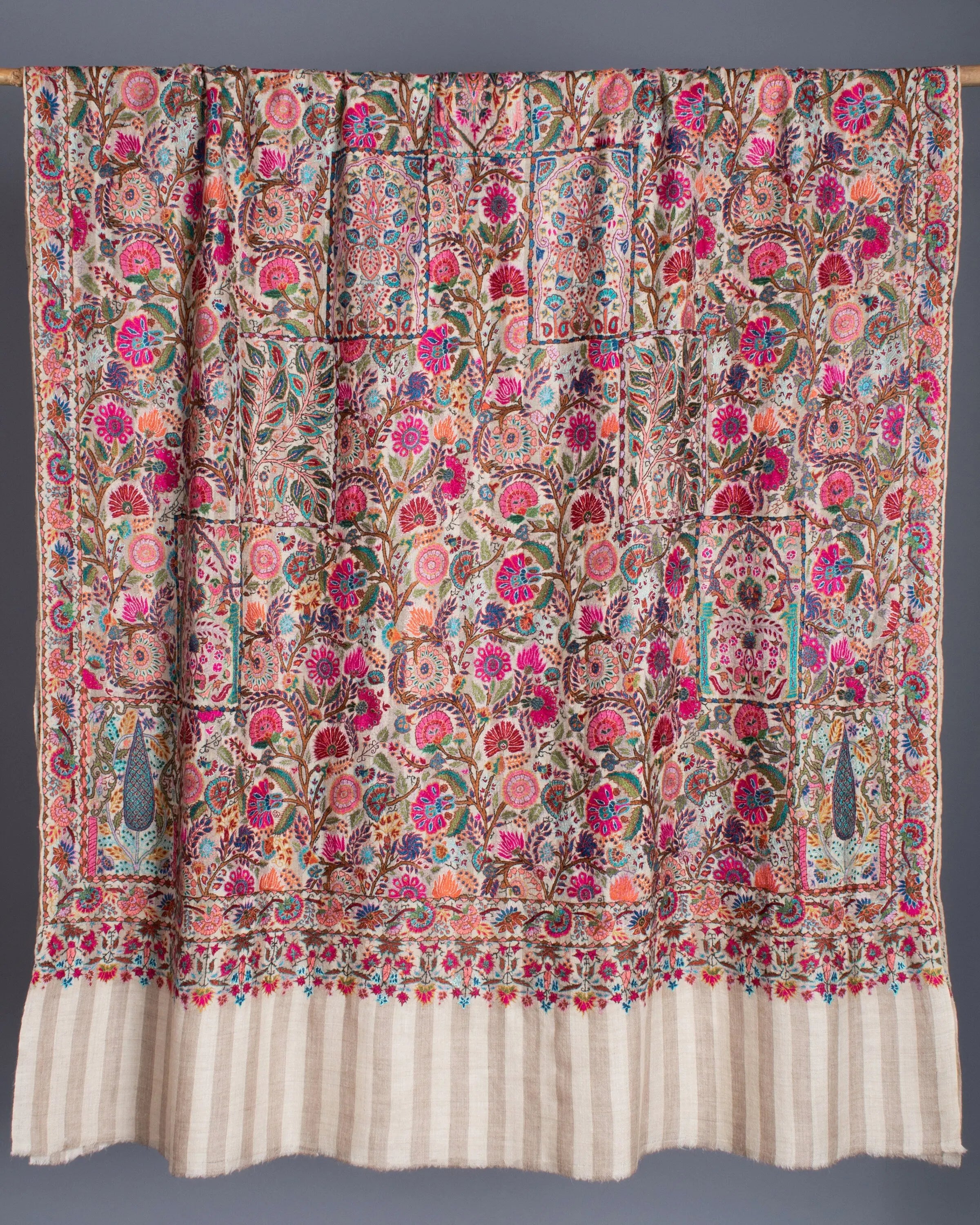 Kashmiri Pashmina Shawl, Stripes Indian Embroidery Wrap, Cashmere Scarf, Hand Embroidered Shawl, Exclusive Shawl, 40x80" - BRASOV Shahkaar