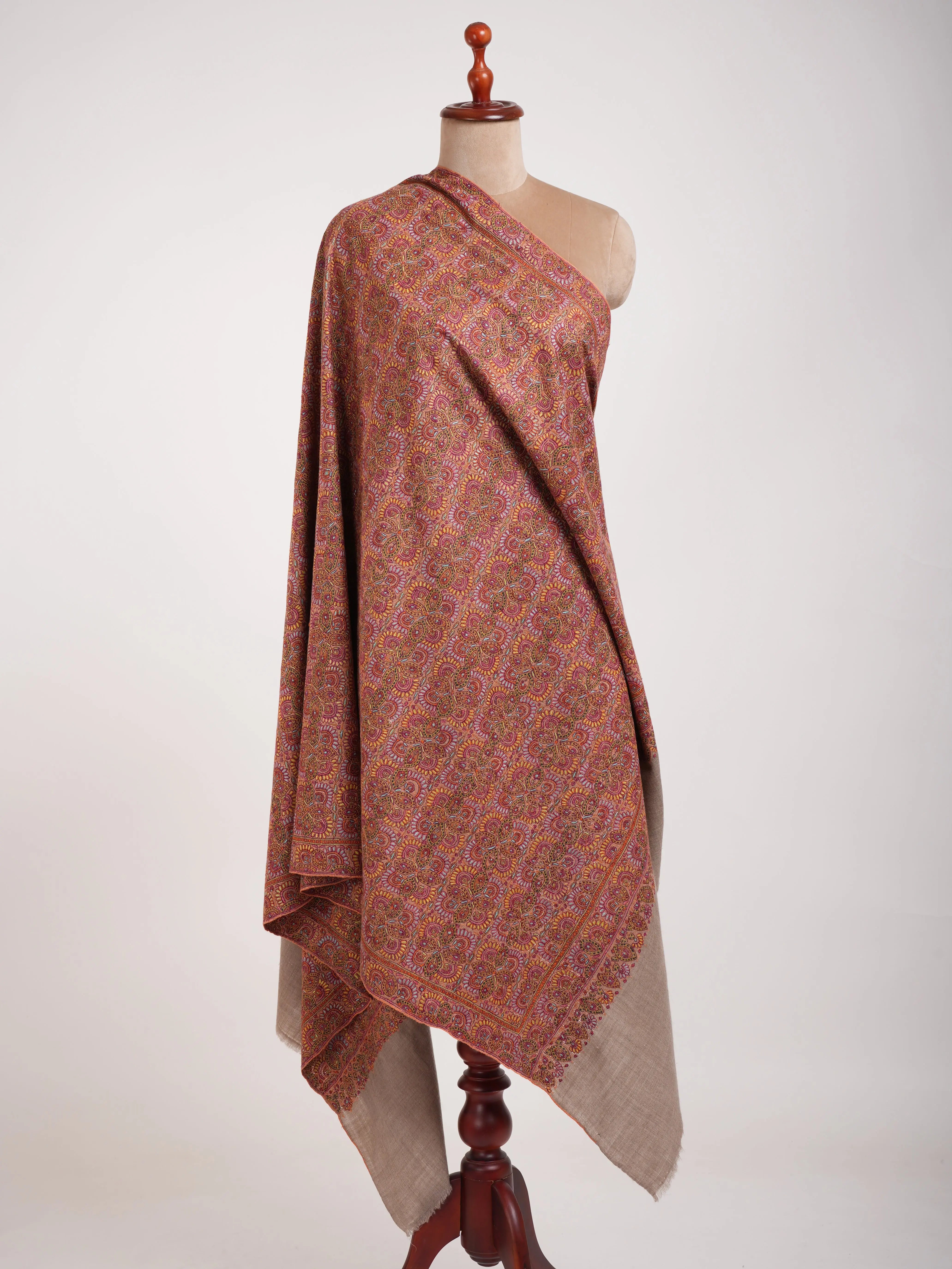 Khatamband Embroidered Natural Grey Pashmina Jamavar Shawl Shahkaar