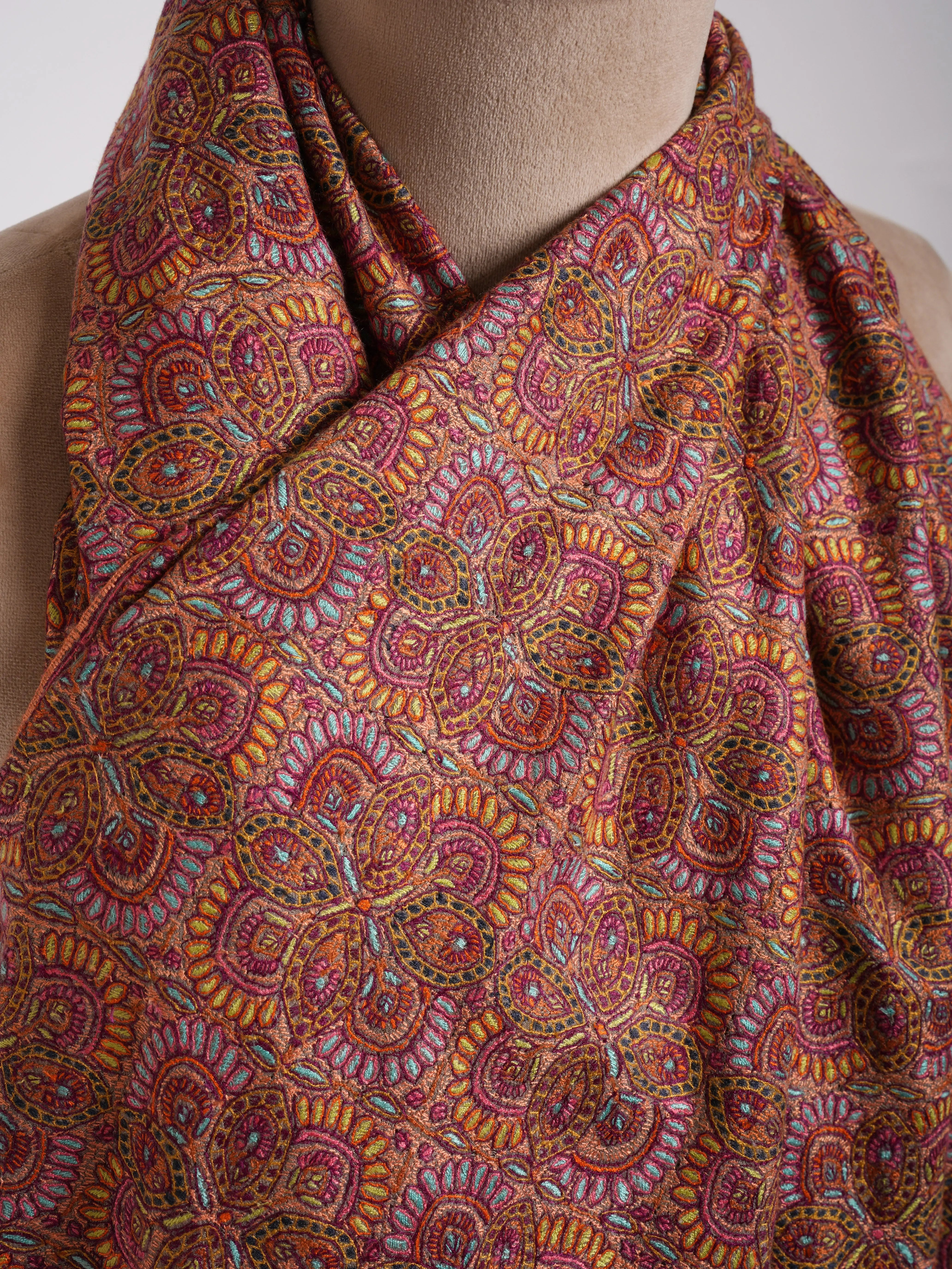 Khatamband Embroidered Natural Grey Pashmina Jamavar Shawl Shahkaar