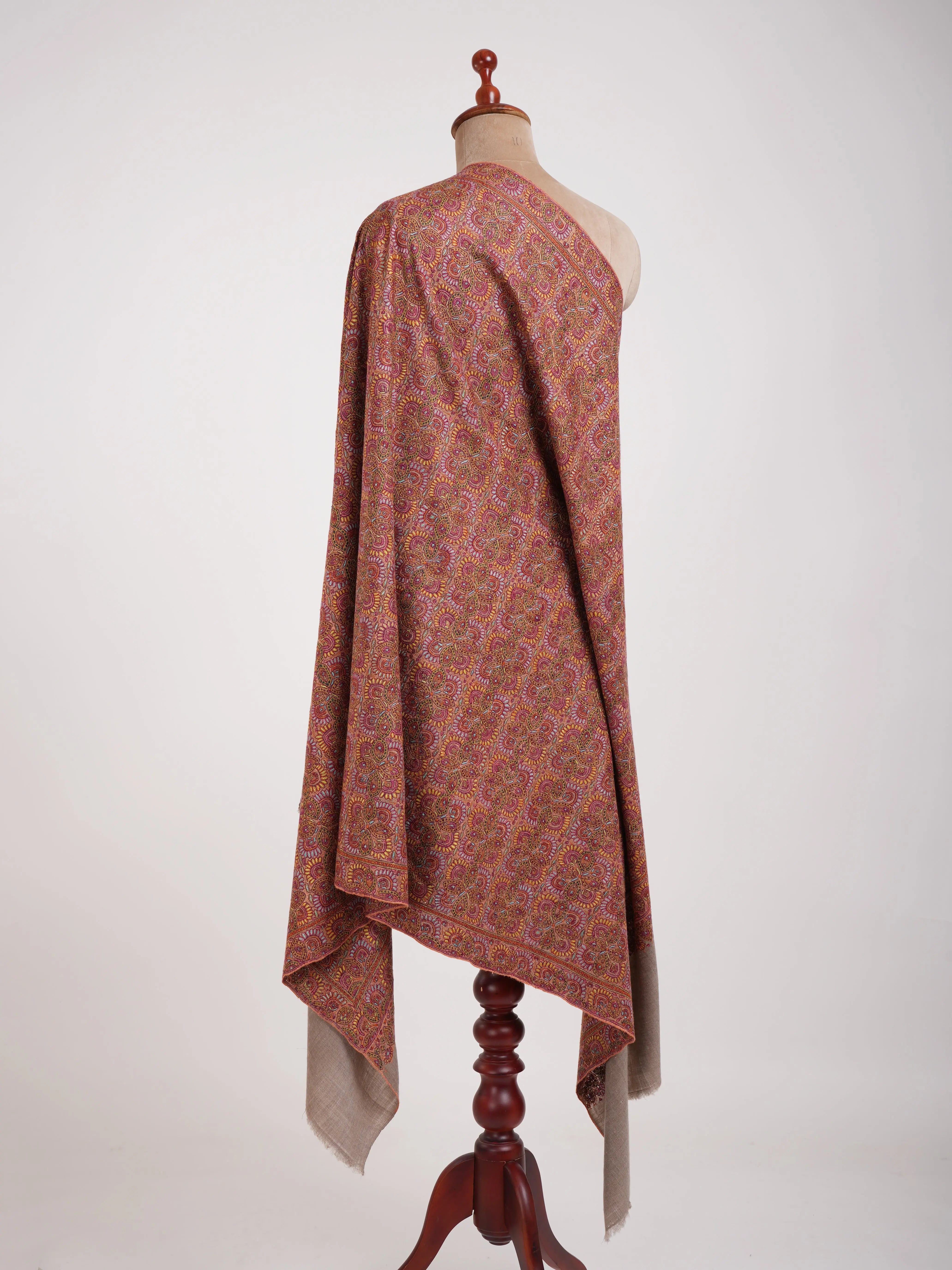 Khatamband Embroidered Natural Grey Pashmina Jamavar Shawl Shahkaar