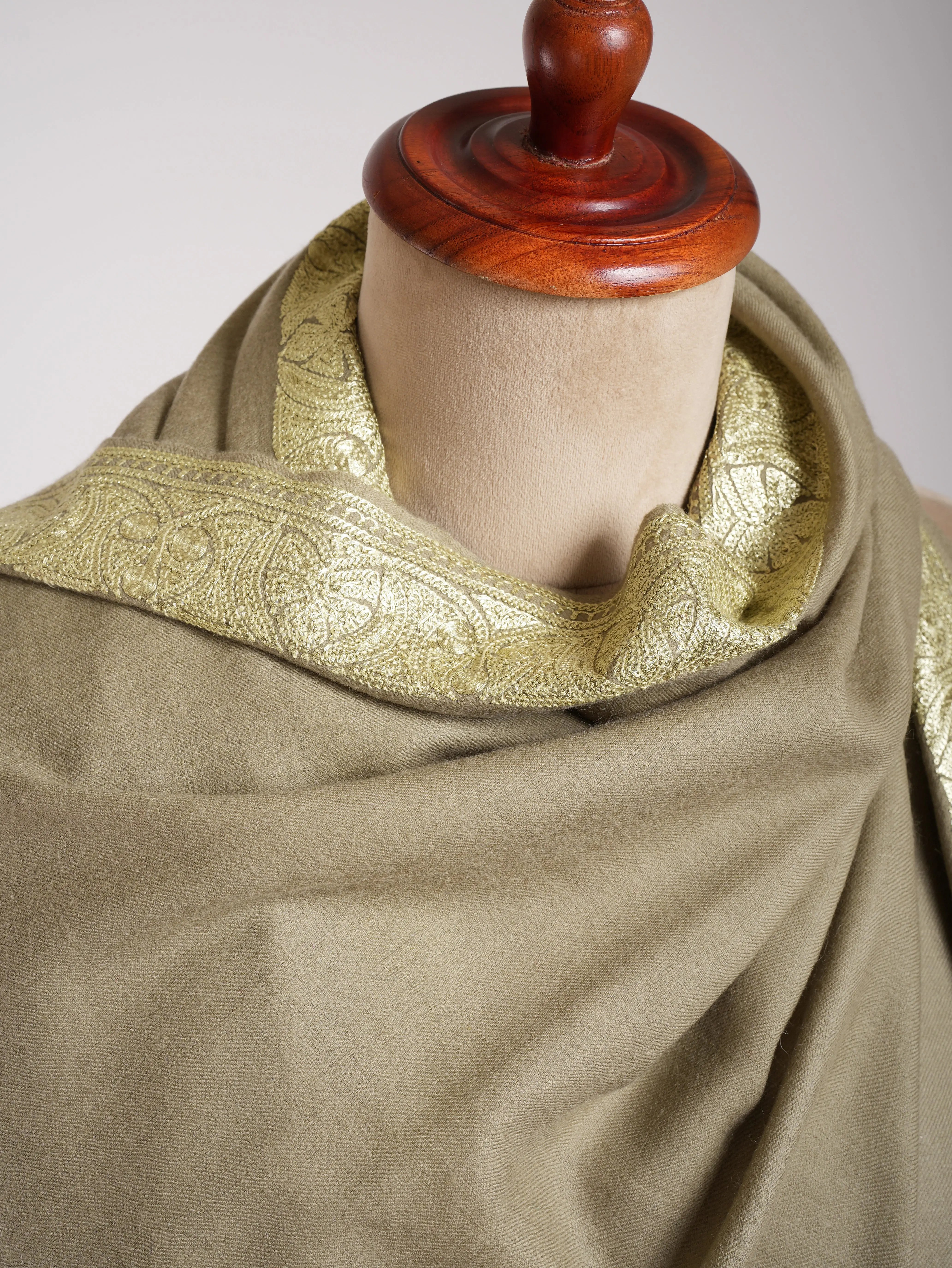 Leak Green Handmade Pashmina Shawl with Tillawork Shahkaar
