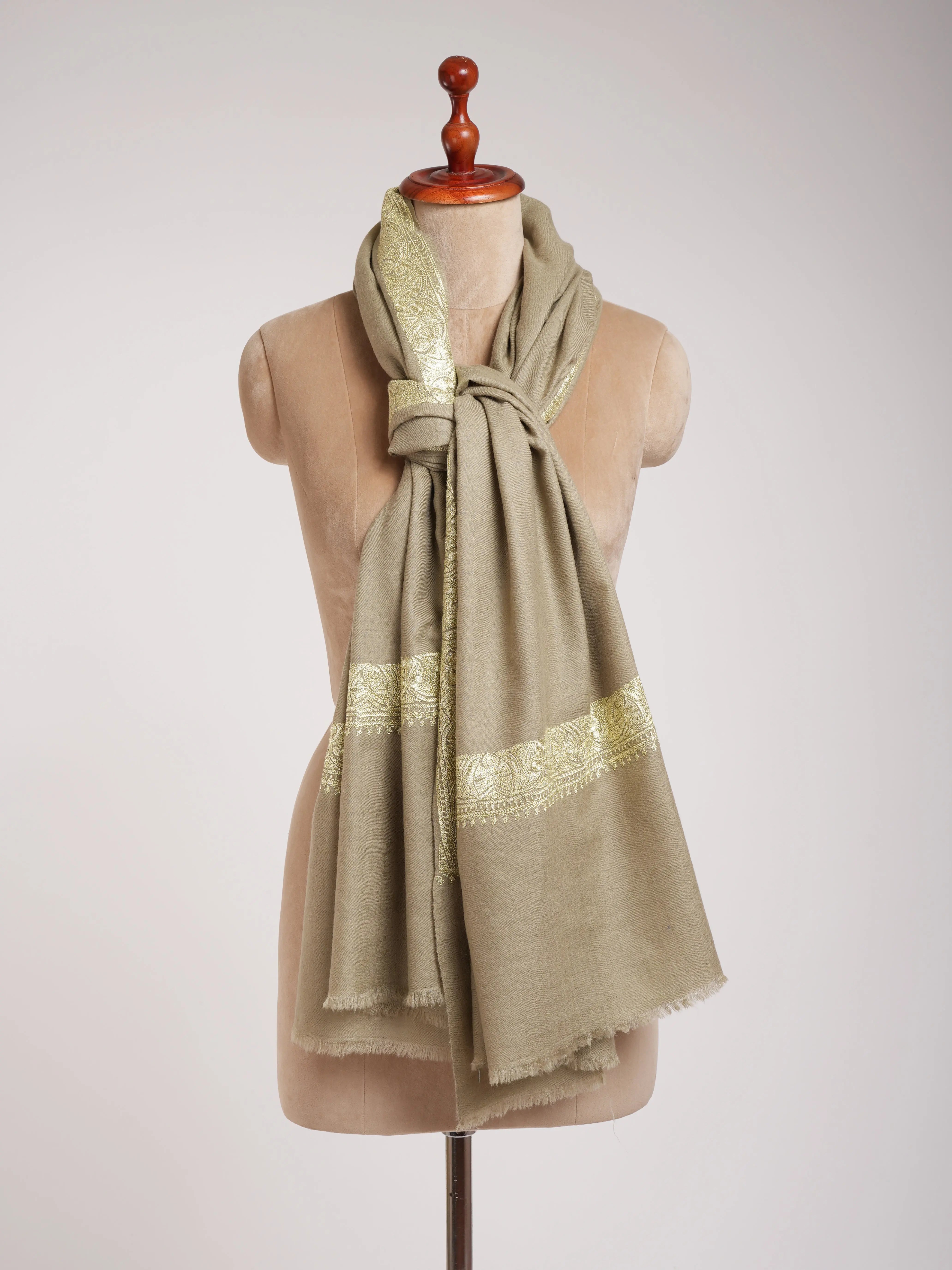 Leak Green Handmade Pashmina Shawl with Tillawork Shahkaar