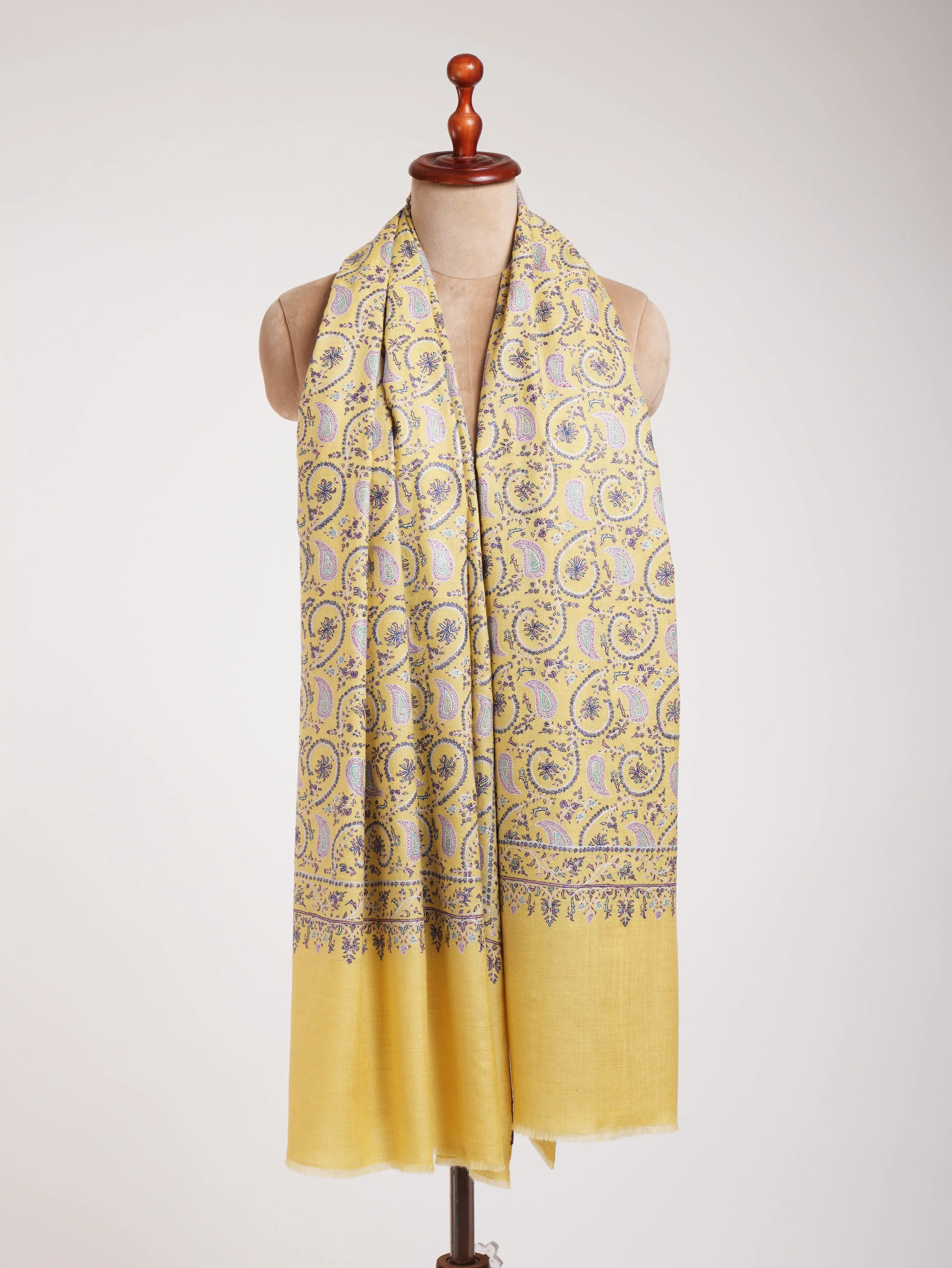 Lemon Yellow Indian Embroidered Kashmiri Jamavar Shawl Shahkaar