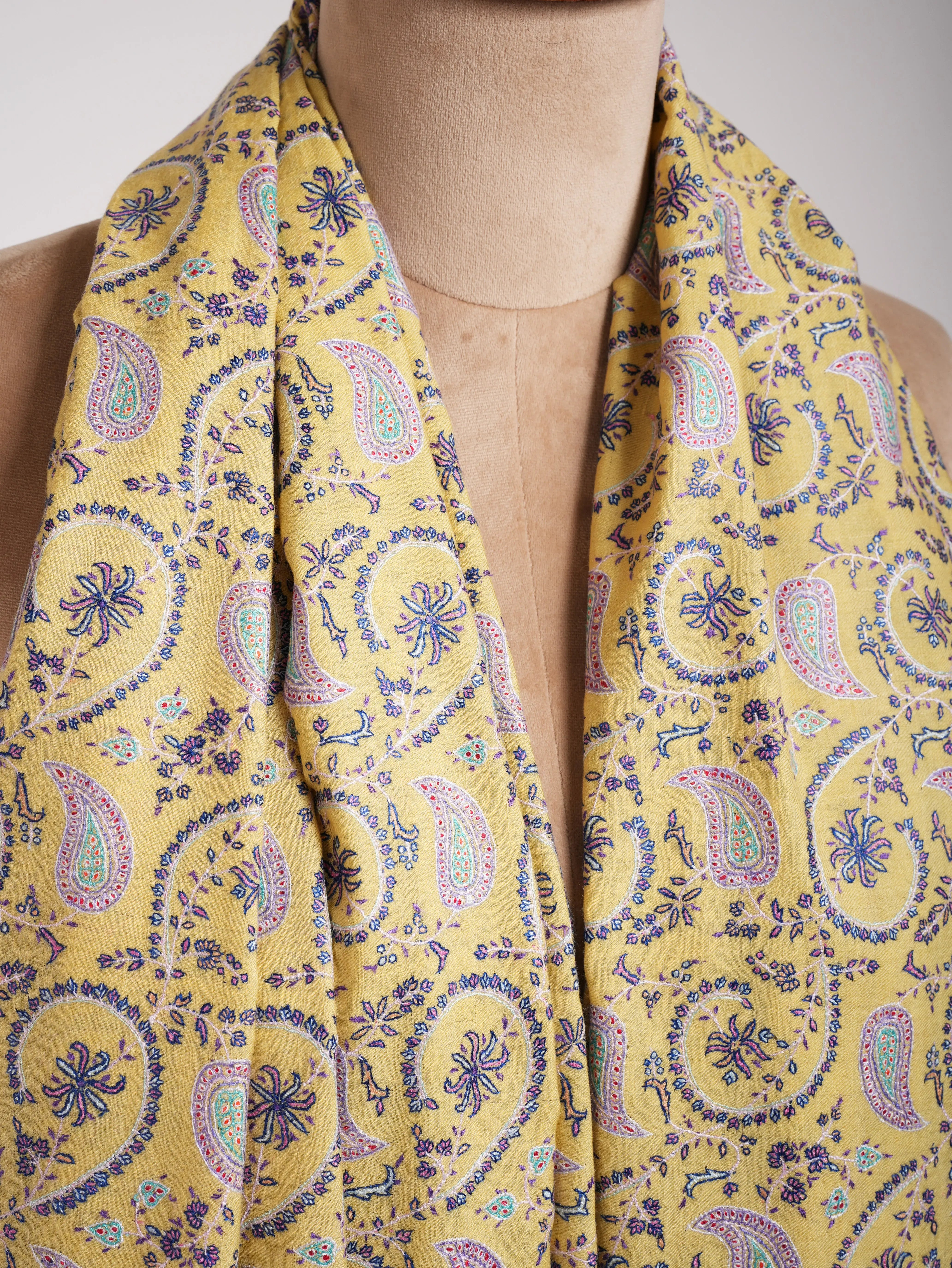 Lemon Yellow Indian Embroidered Kashmiri Jamavar Shawl Shahkaar
