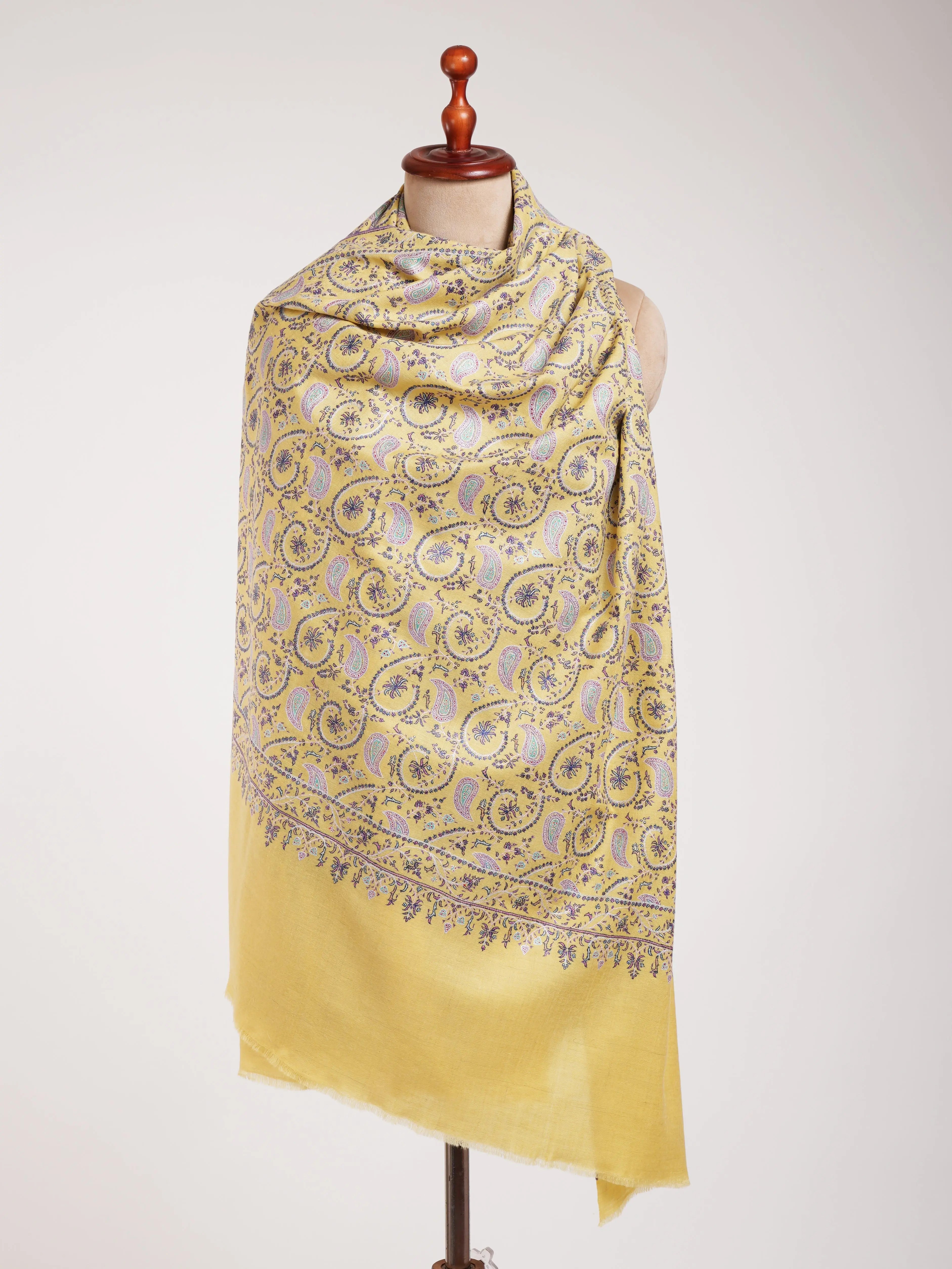 Lemon Yellow Indian Embroidered Kashmiri Jamavar Shawl Shahkaar