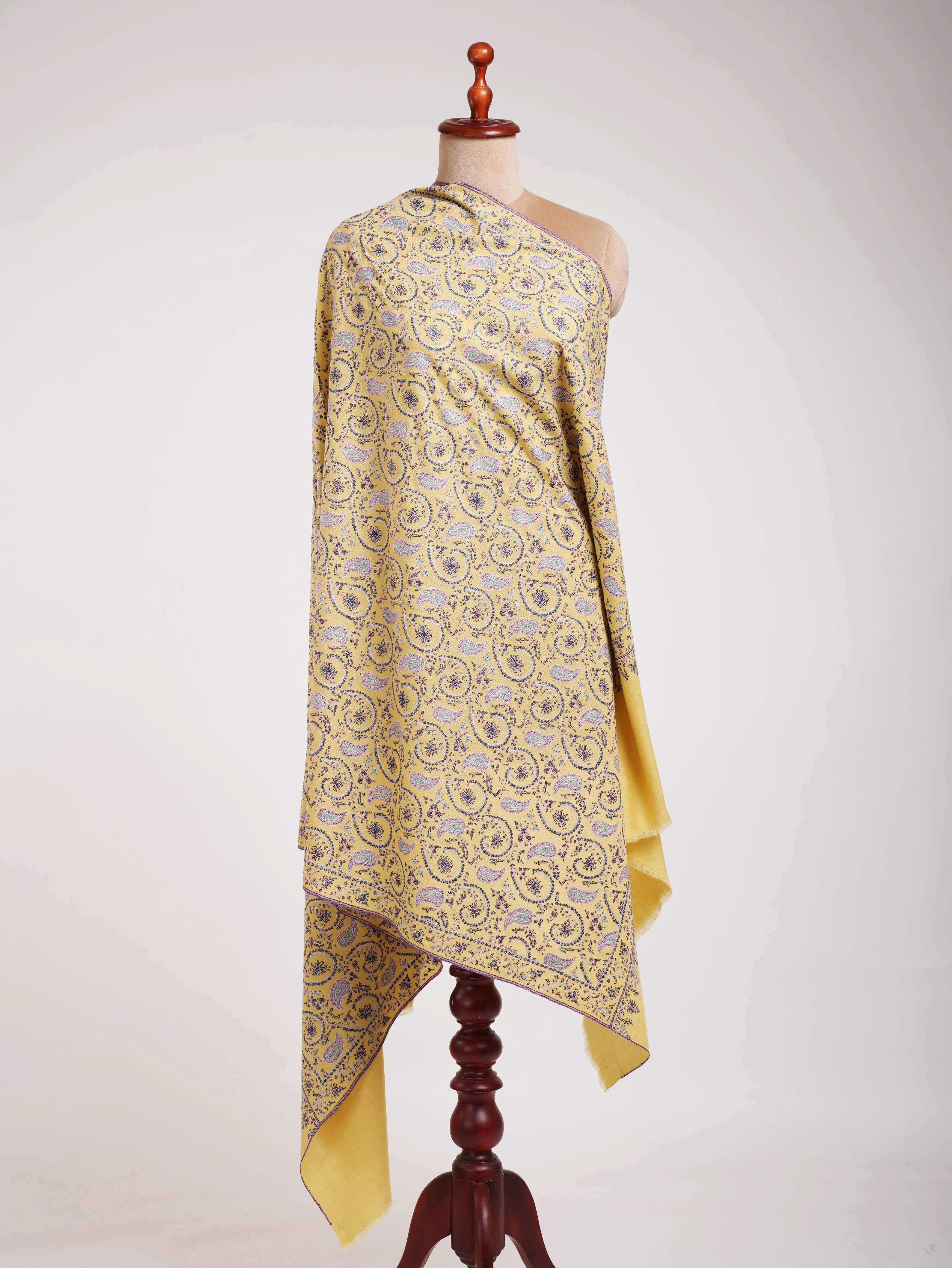 Lemon Yellow Indian Embroidered Kashmiri Jamavar Shawl Shahkaar