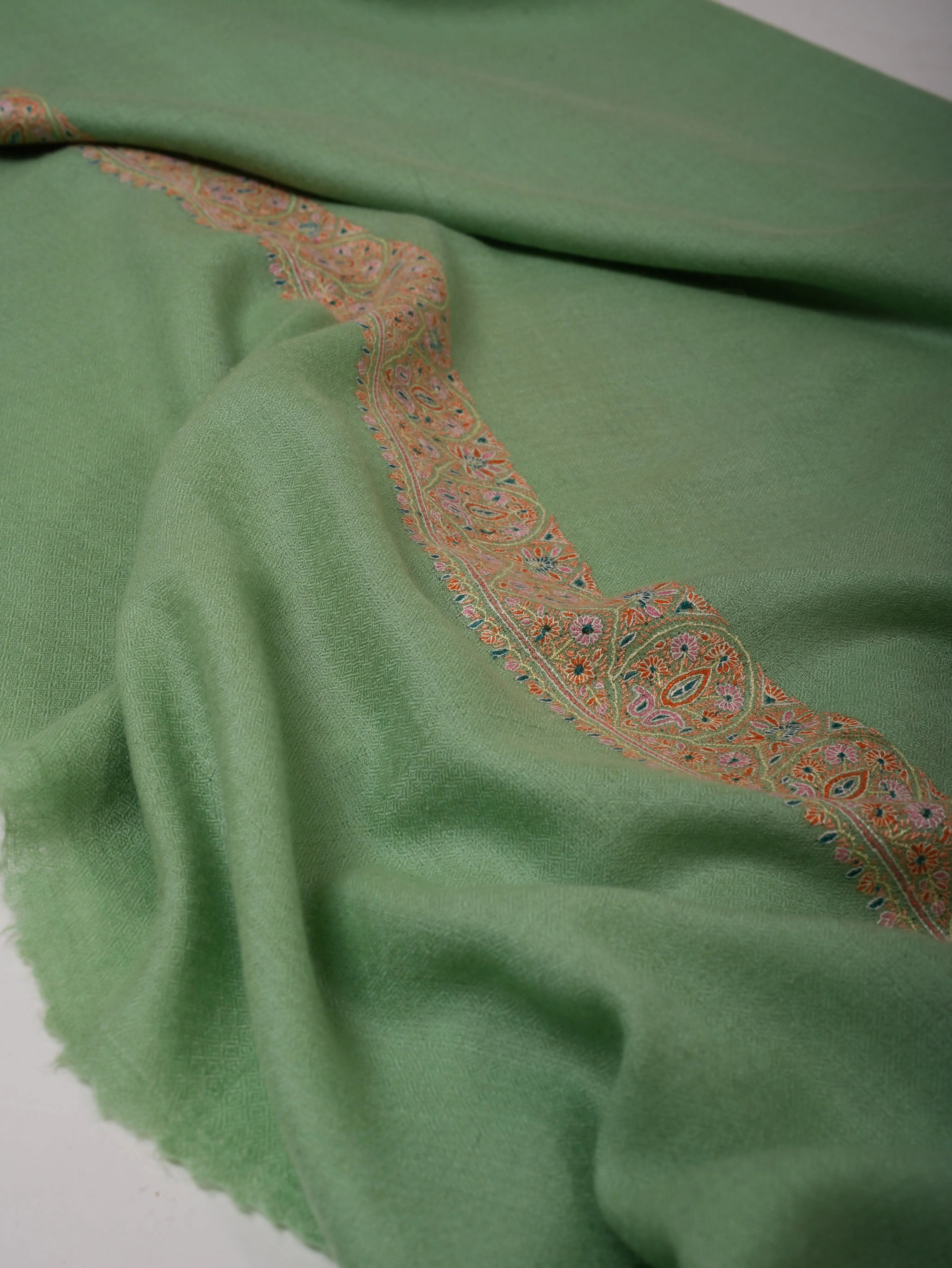 Light Green Neemdaur Fine Embroidered Pashmina Shawl – Luxury Kashmiri Wrap Shahkaar