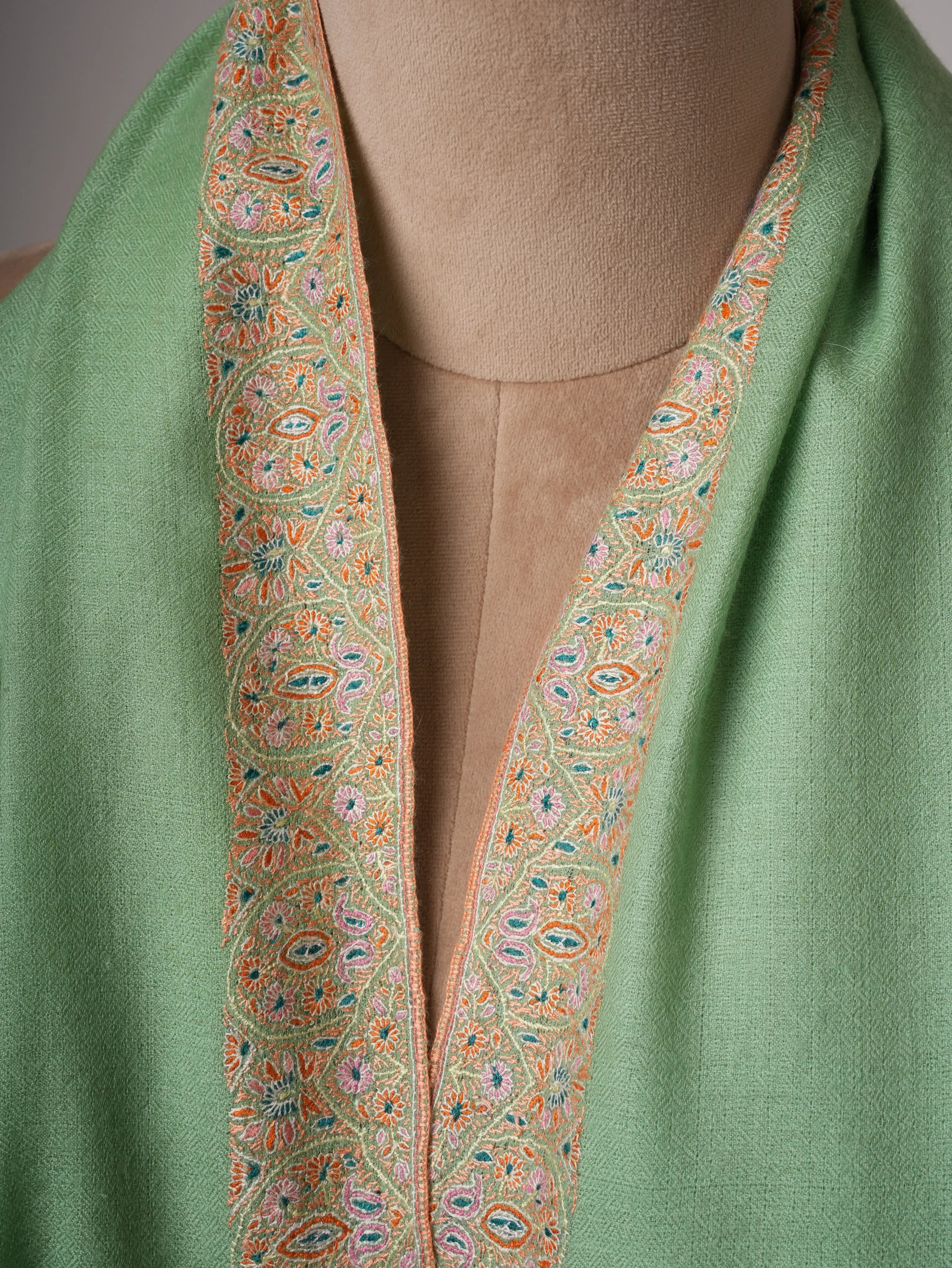 Light Green Neemdaur Fine Embroidered Pashmina Shawl – Luxury Kashmiri Wrap Shahkaar