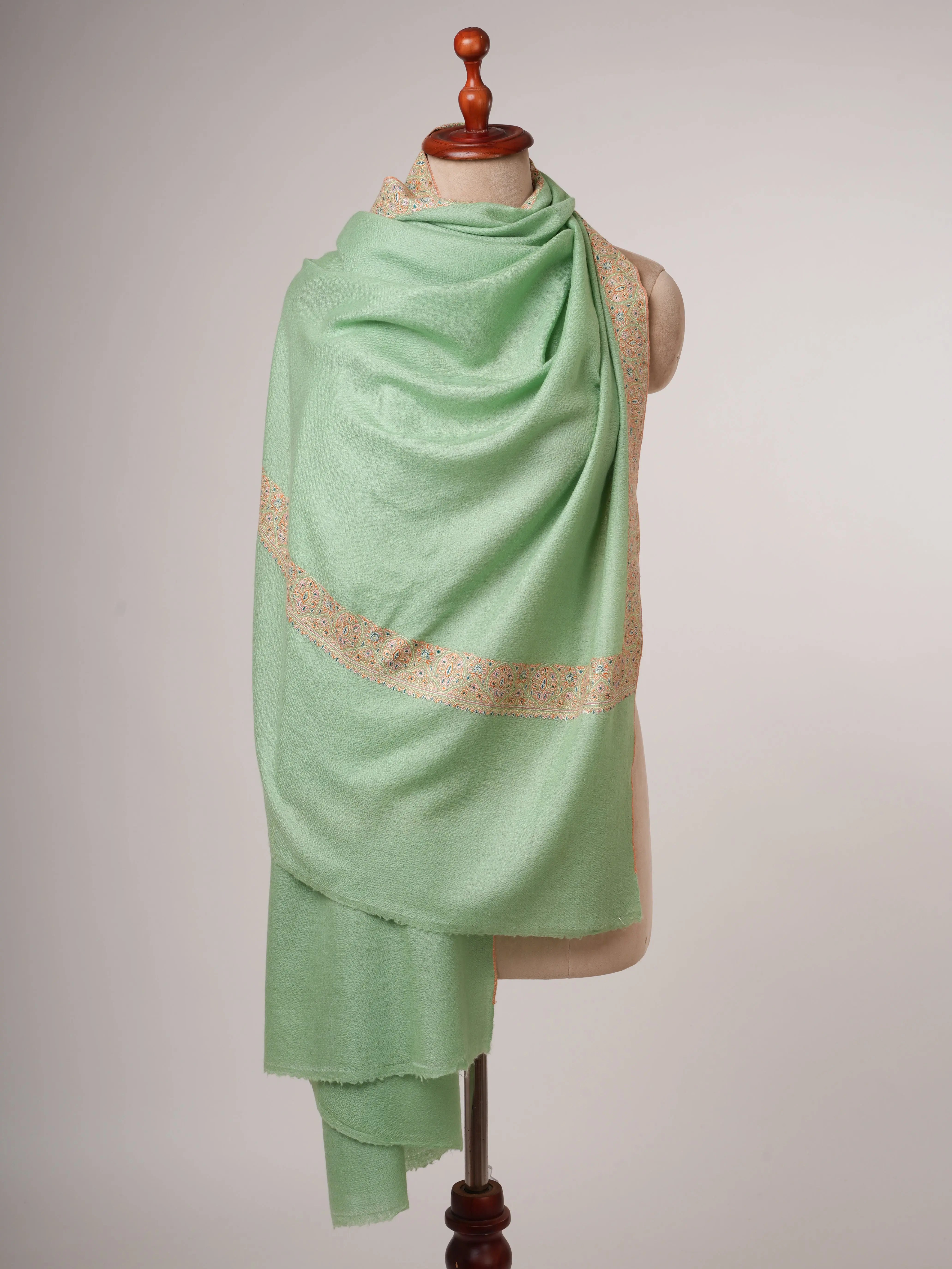 Light Green Neemdaur Fine Embroidered Pashmina Shawl – Luxury Kashmiri Wrap Shahkaar