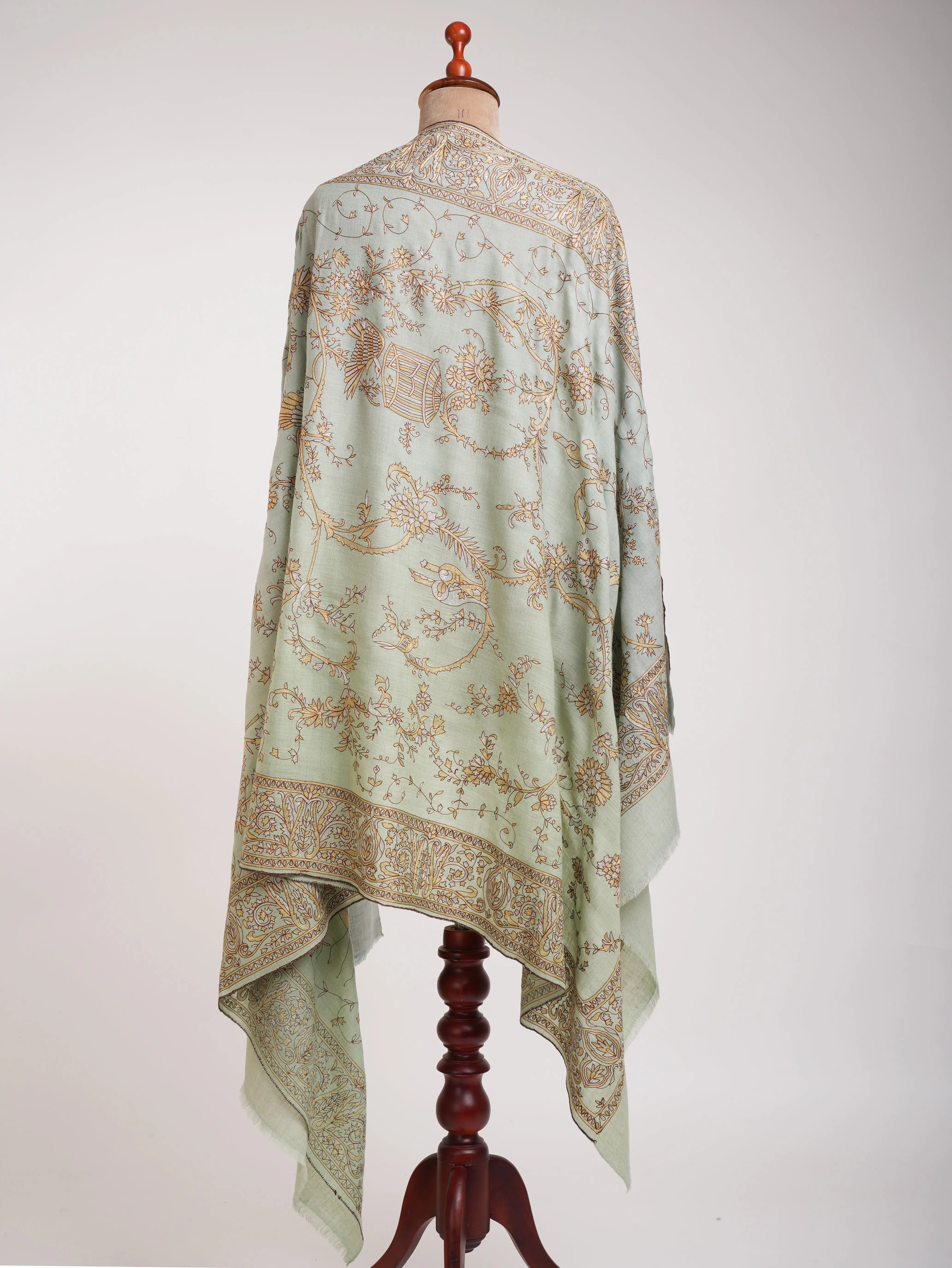 Light Green Zari Embroidered Indian Pashmina Shawl Shahkaar