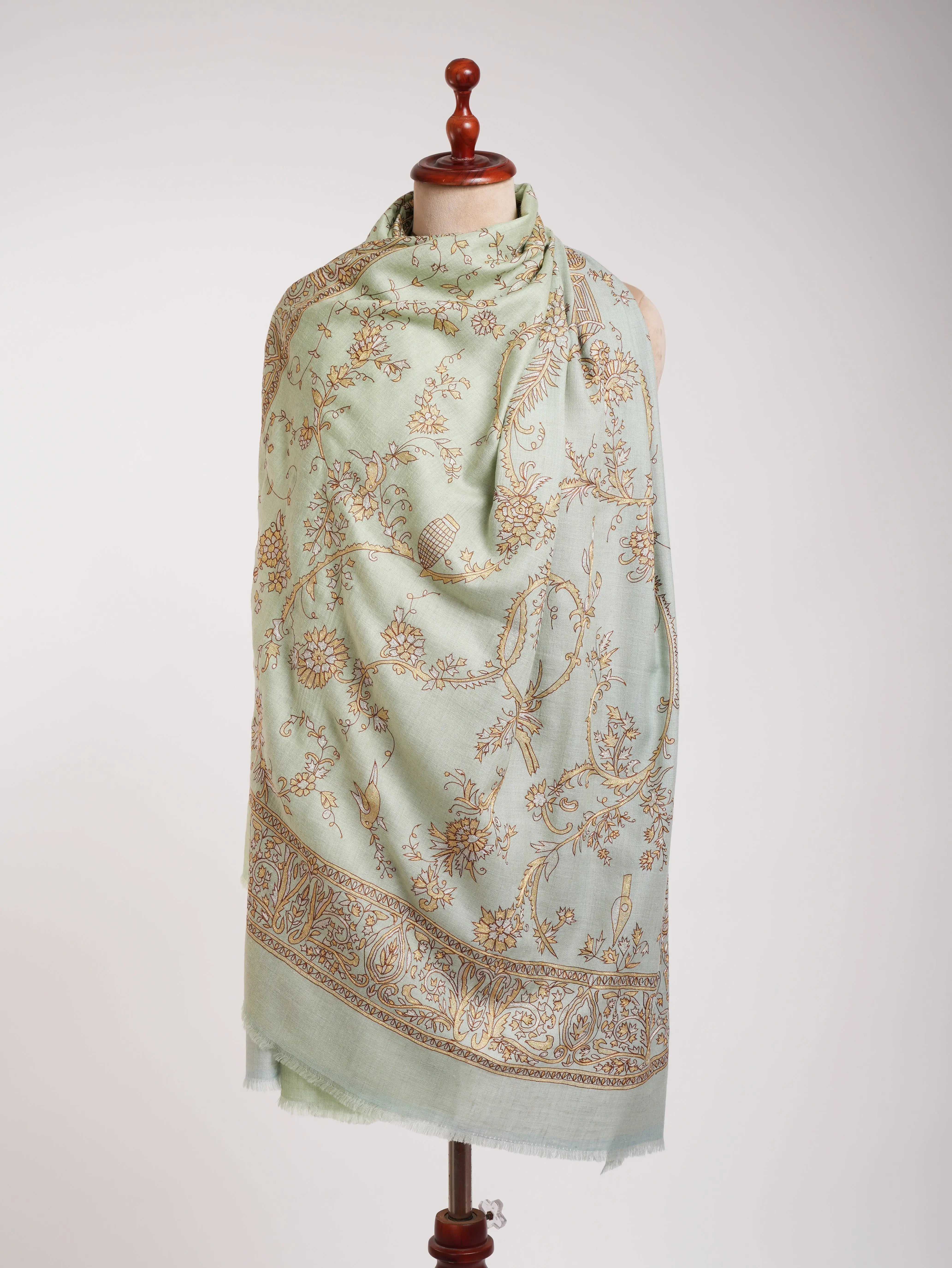 Light Green Zari Embroidered Indian Pashmina Shawl Shahkaar