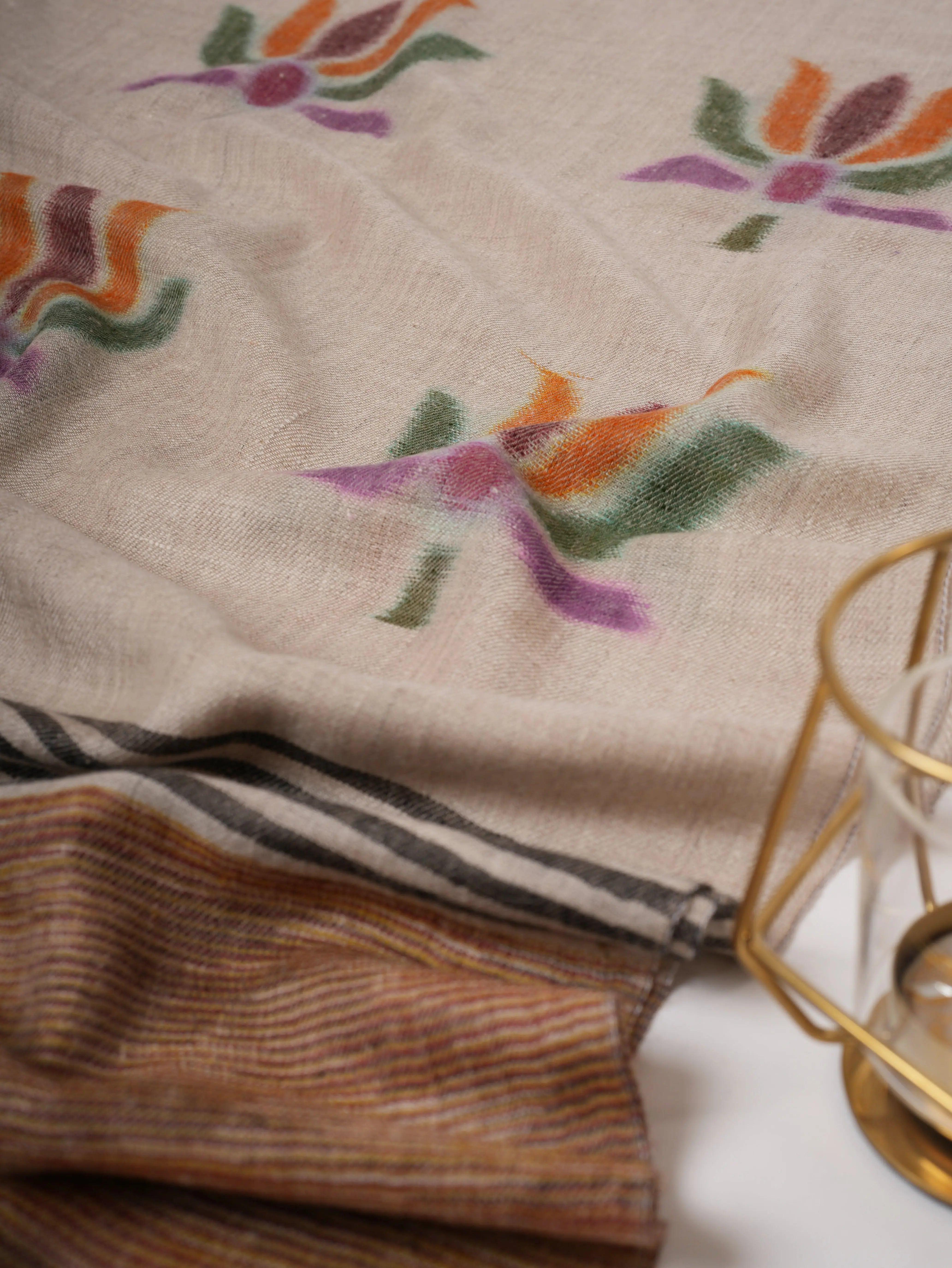 Lotus Flower Ikat Baby Soft Pure Cashmere Scarf – Handwoven Authentic Shahkaar