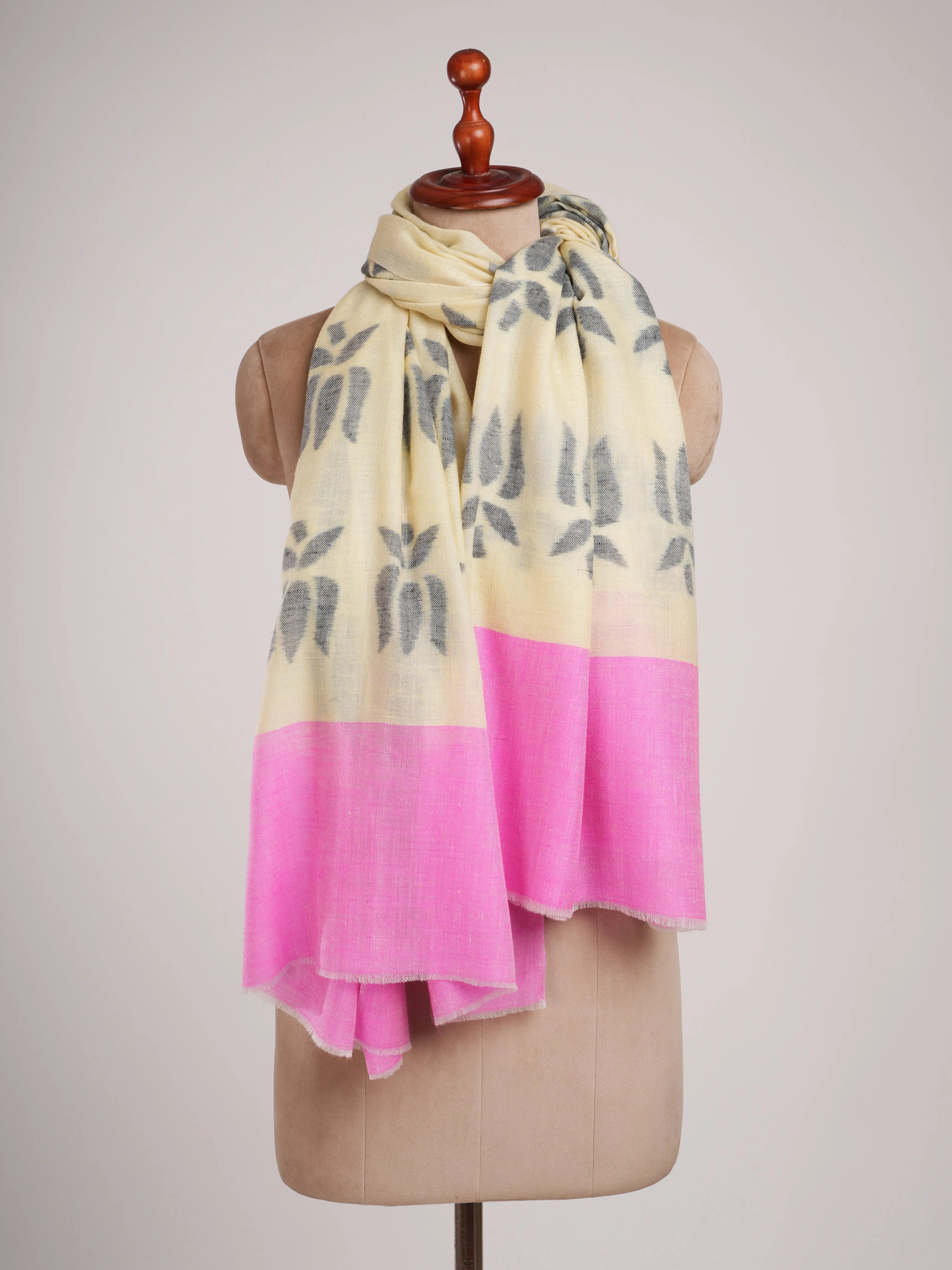 Lotus Ikat Pashmina Shawl in Pearl Black and Pink Color Shahkaar