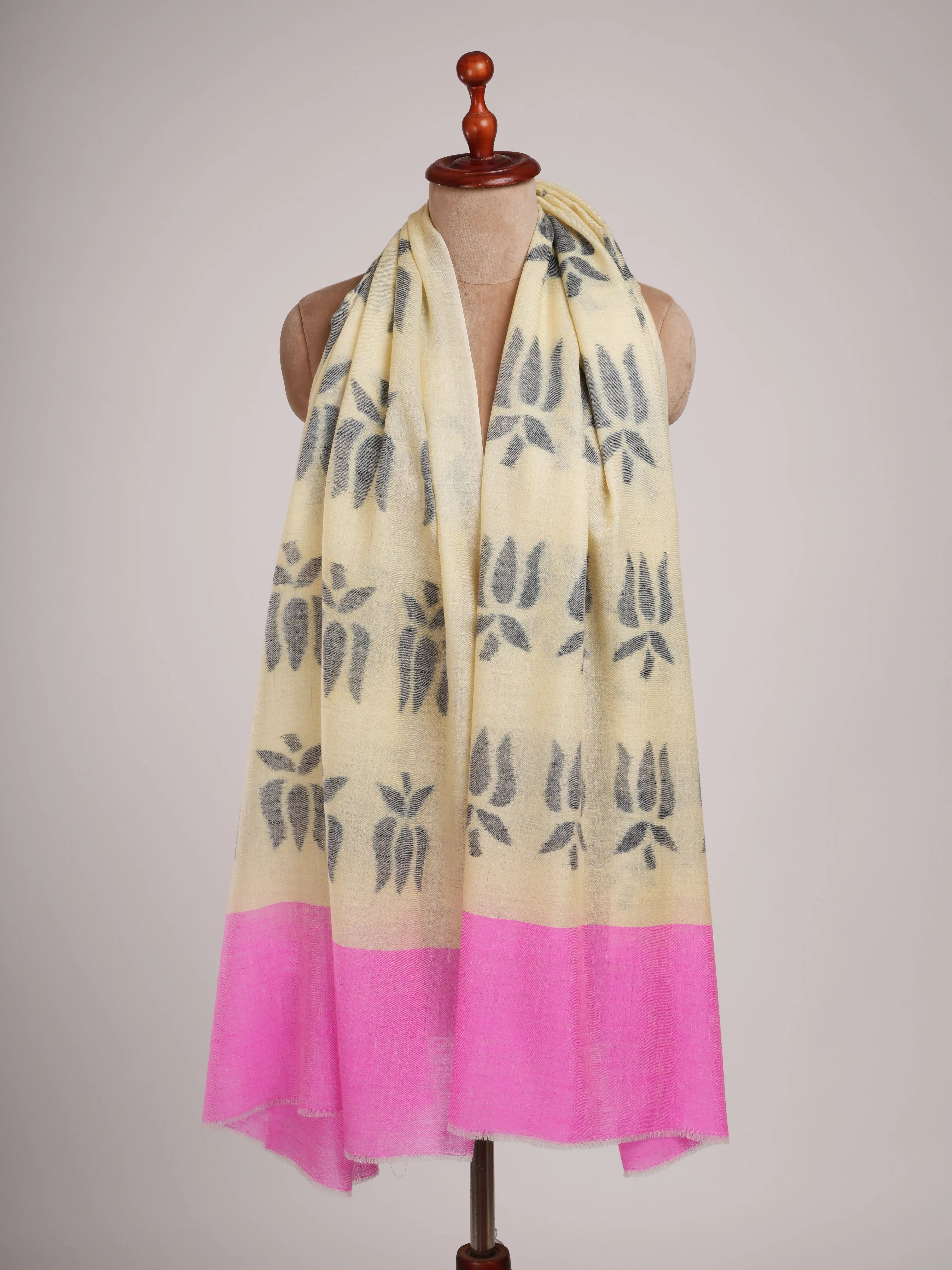 Lotus Ikat Pashmina Shawl in Pearl Black and Pink Color Shahkaar