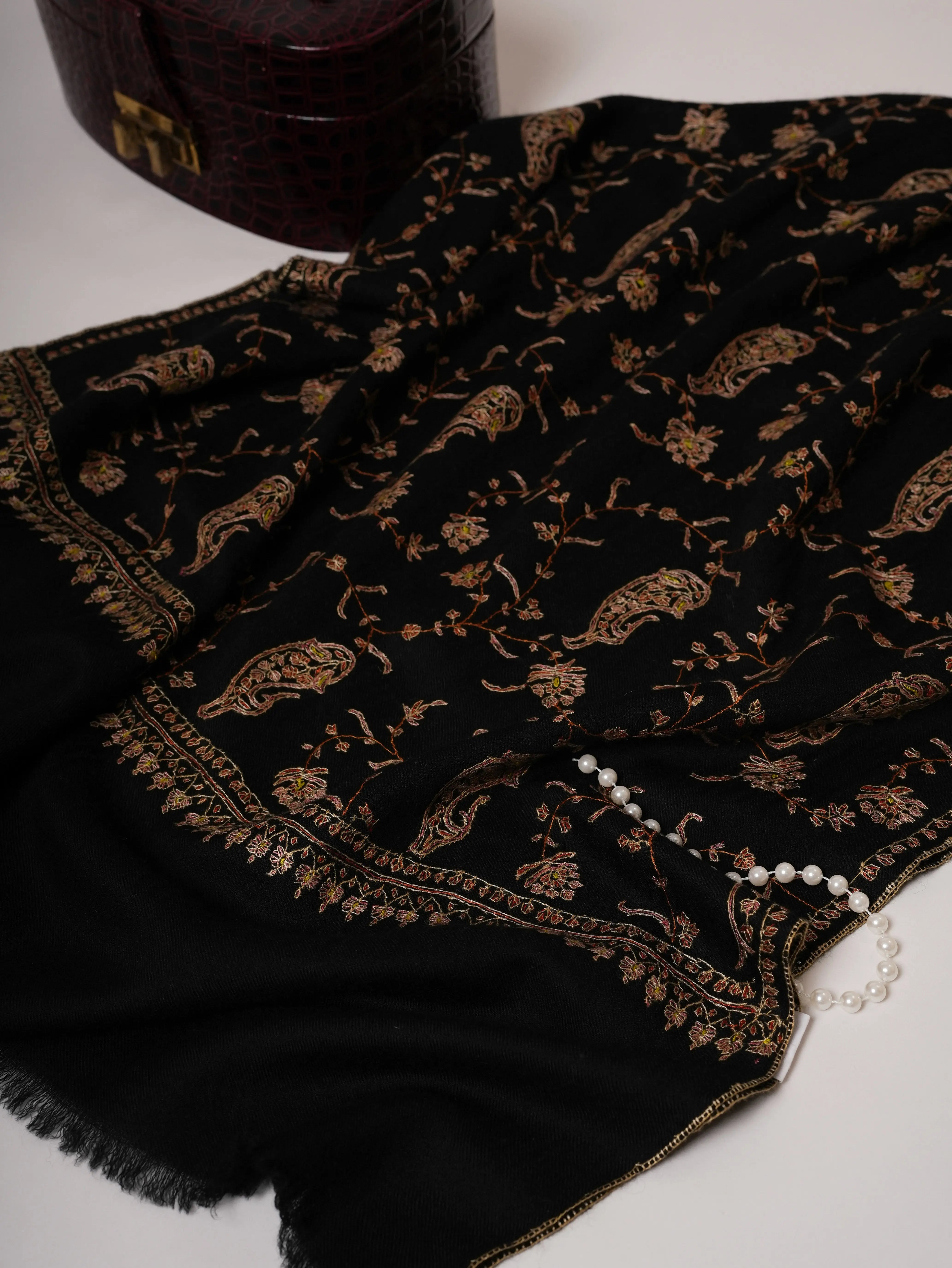 Luxurious Black Cashmere Wrap with All Over Hand Embroidered Motifs Shahkaar