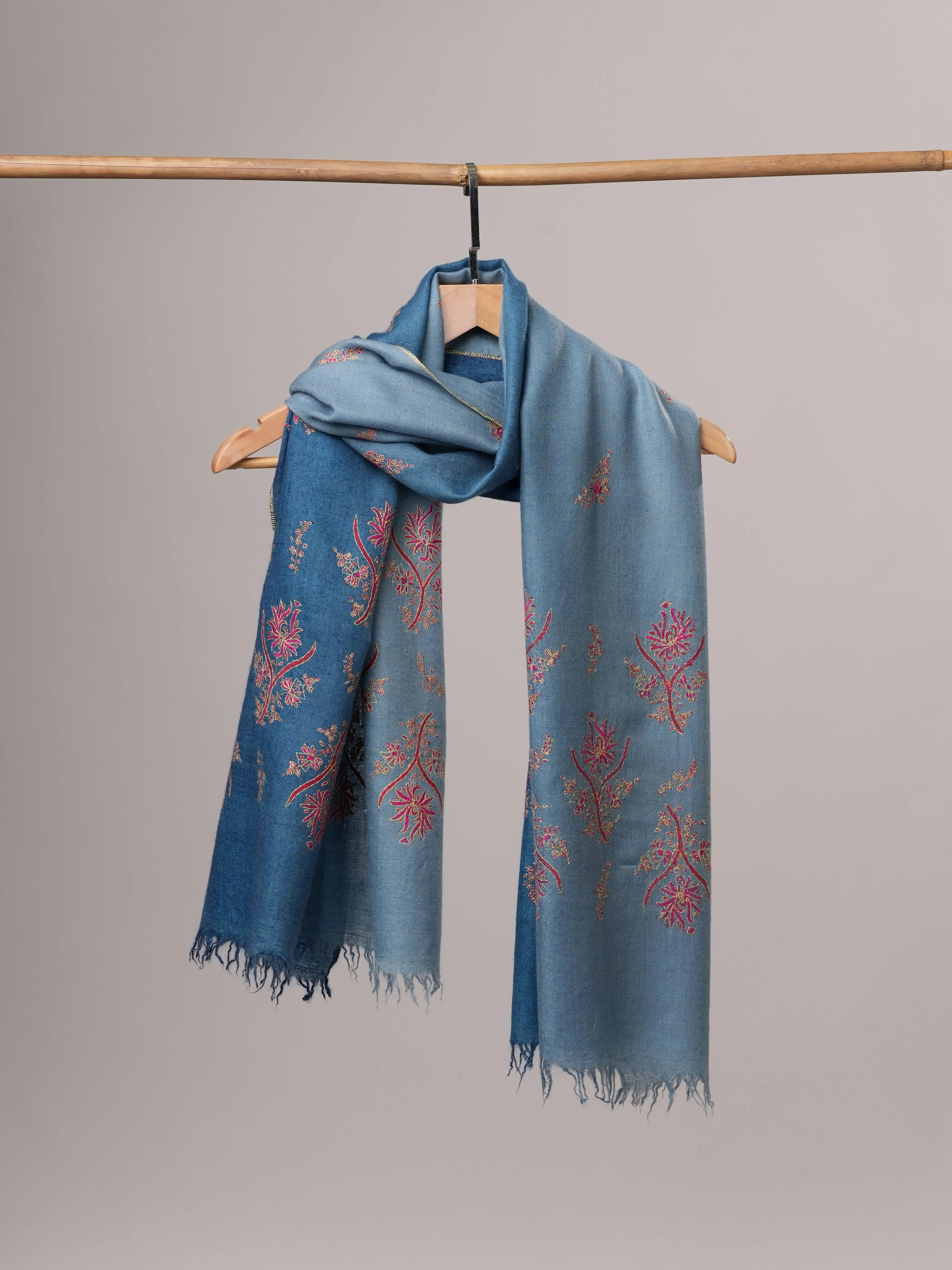 Luxurious Ombré Blue Cashmere Scarf with Palla and Buti Handwork Shahkaar