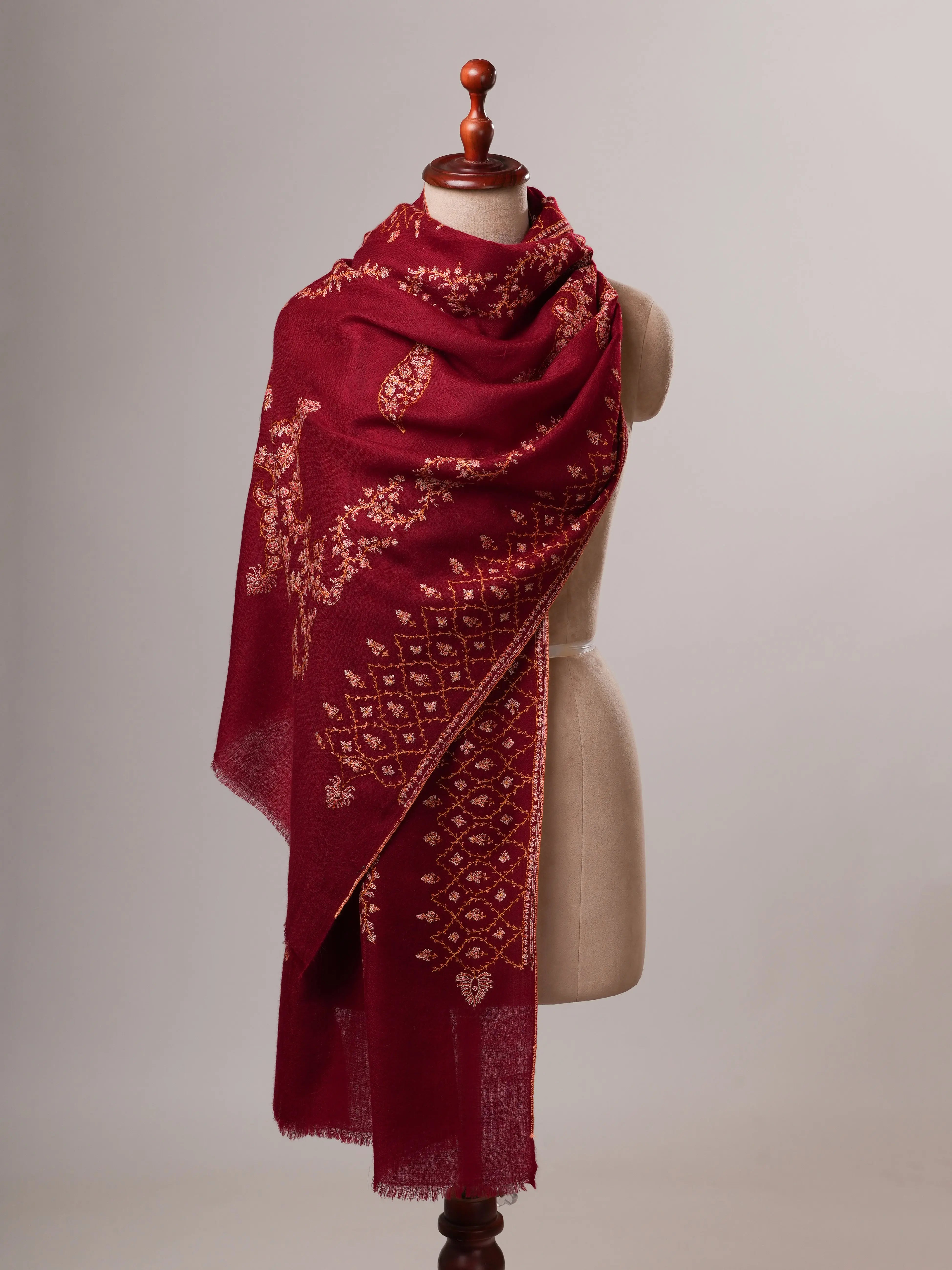 Maroon Hand Embroidered Cashmere Scarf with Fine Needlework Shahkaar