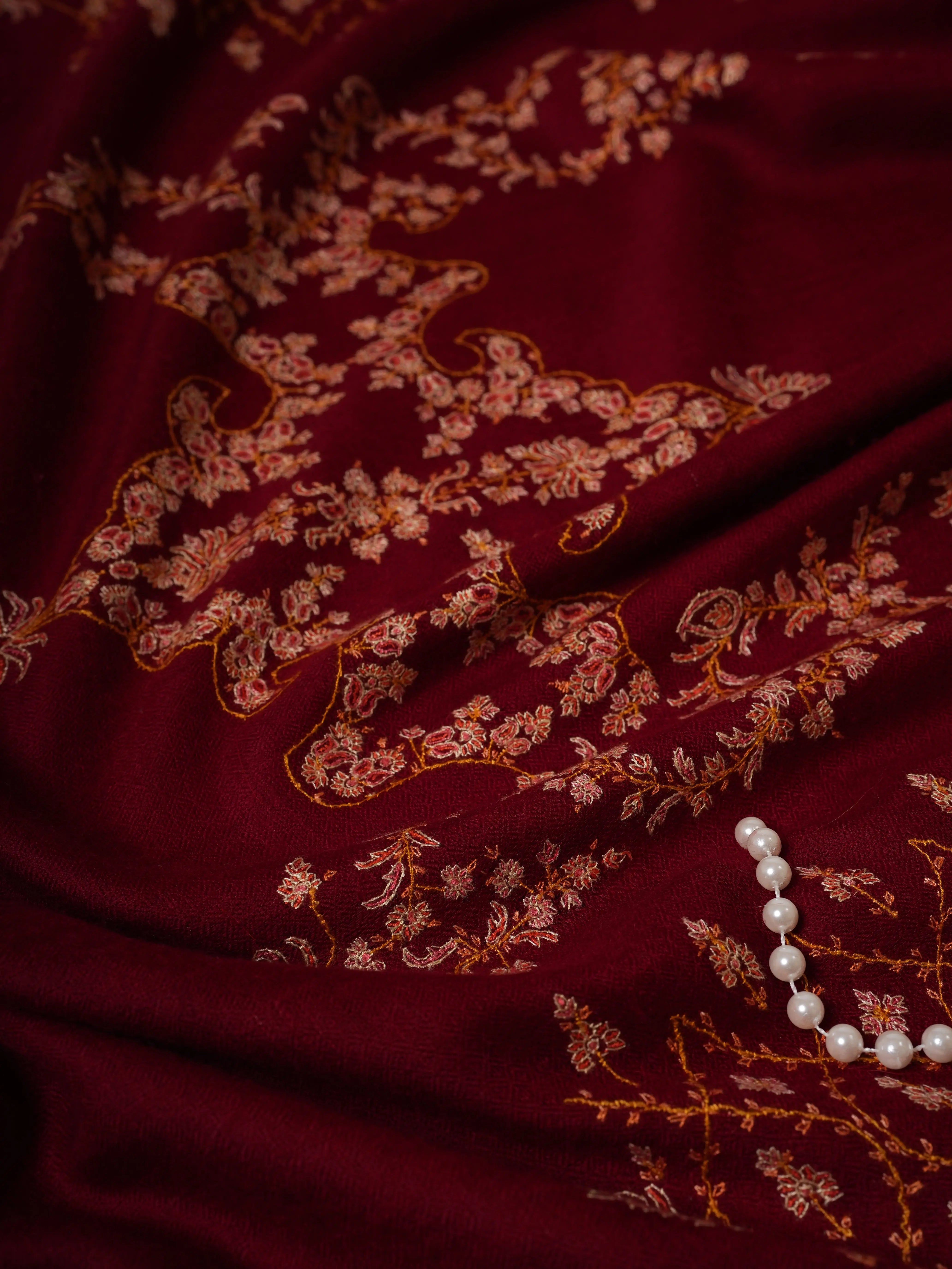 Maroon Hand Embroidered Cashmere Scarf with Fine Needlework Shahkaar